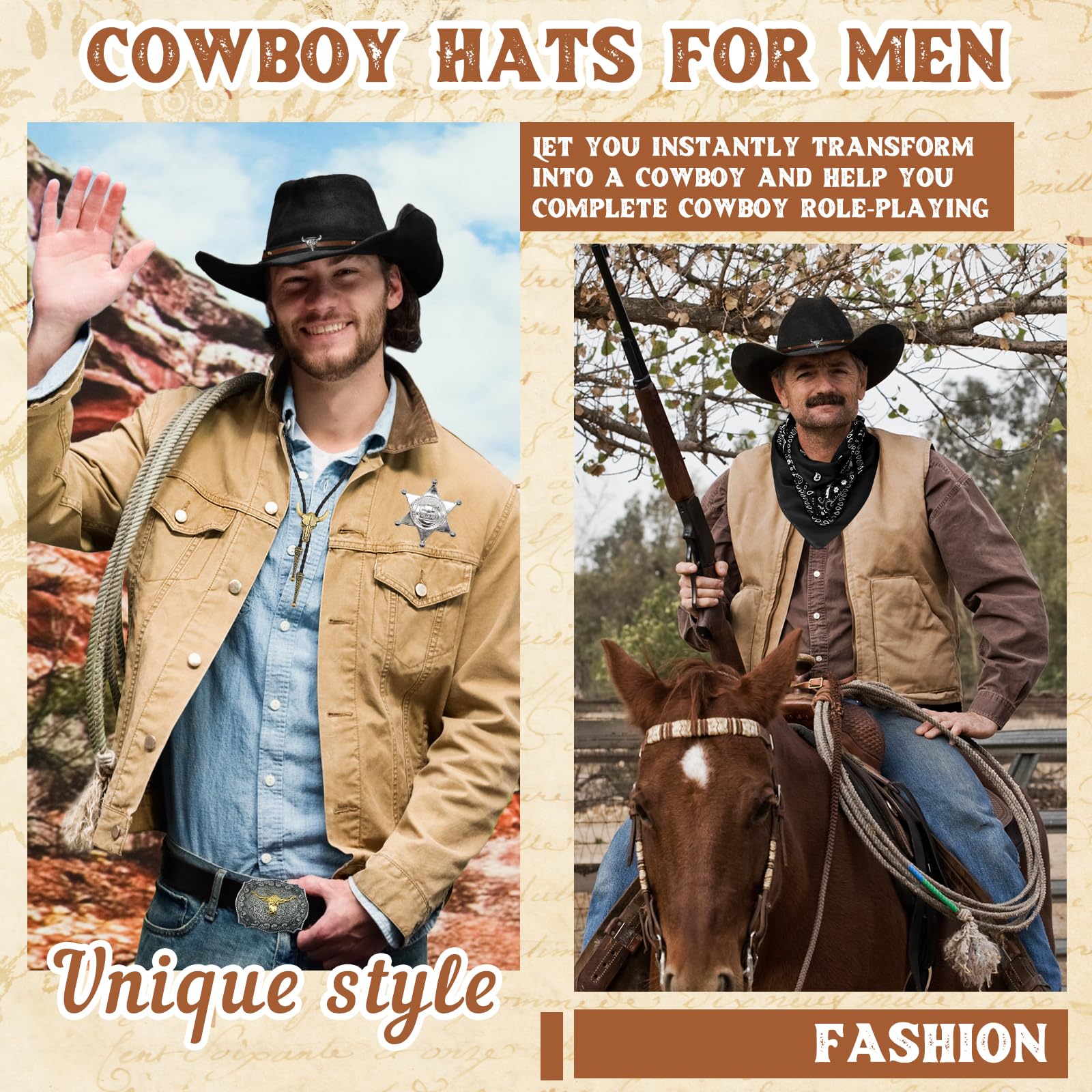 8 Stück Cowboy Kostüm Zubehör Set, Deluxe Western Cowboy Outfit Kit mit Brauner Hut Paisley Bandana Holster Gürtel Boloschnalle Krawatte Halskette Sheriff Abzeichen für Herren Cosplay Party