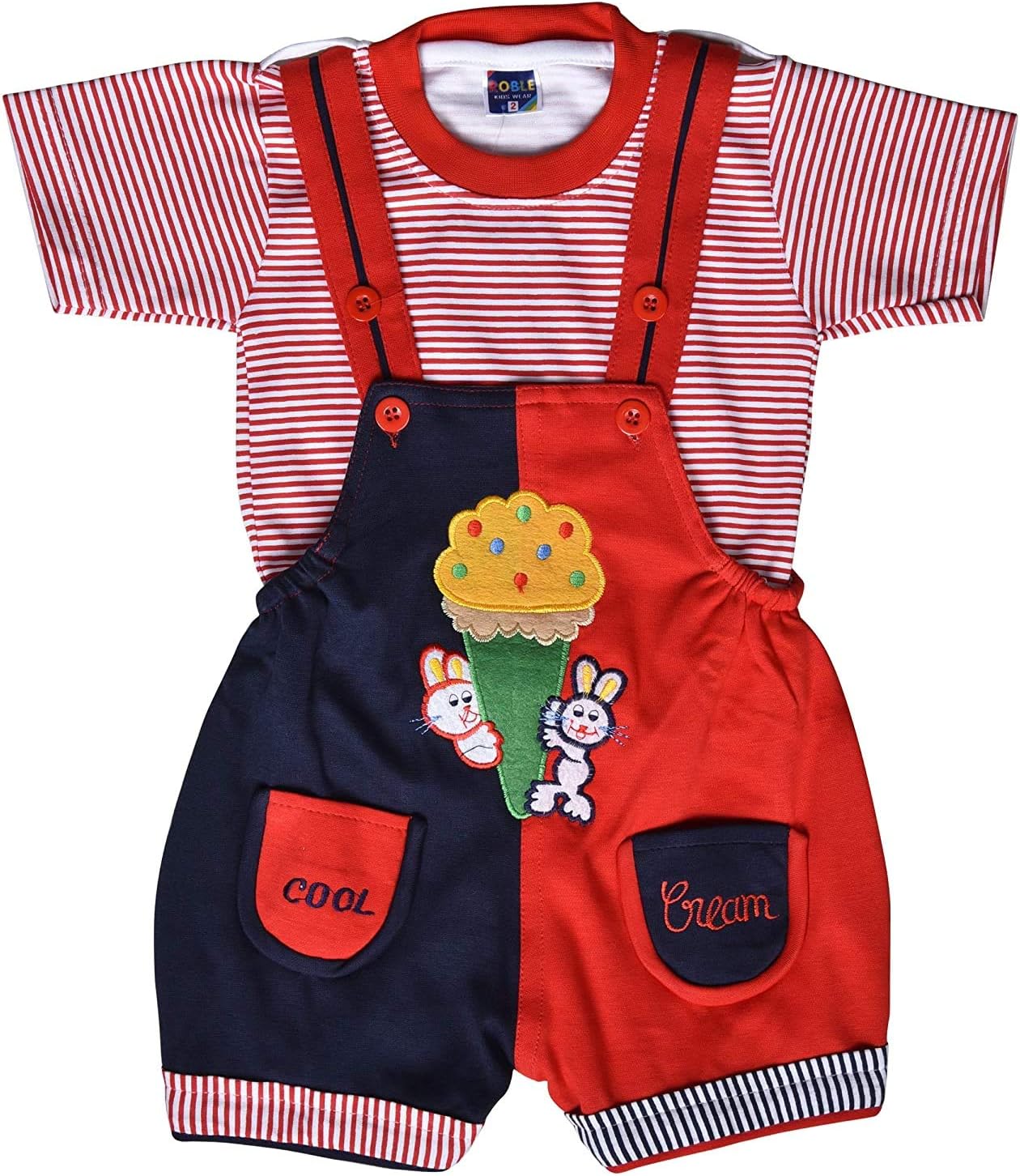 ROBLWINGS Baby Girl Baby Boys Dungaree Set for Kids, a Fashioned Product,Print of t Shirt Might Differ (6 Months -2 Years)