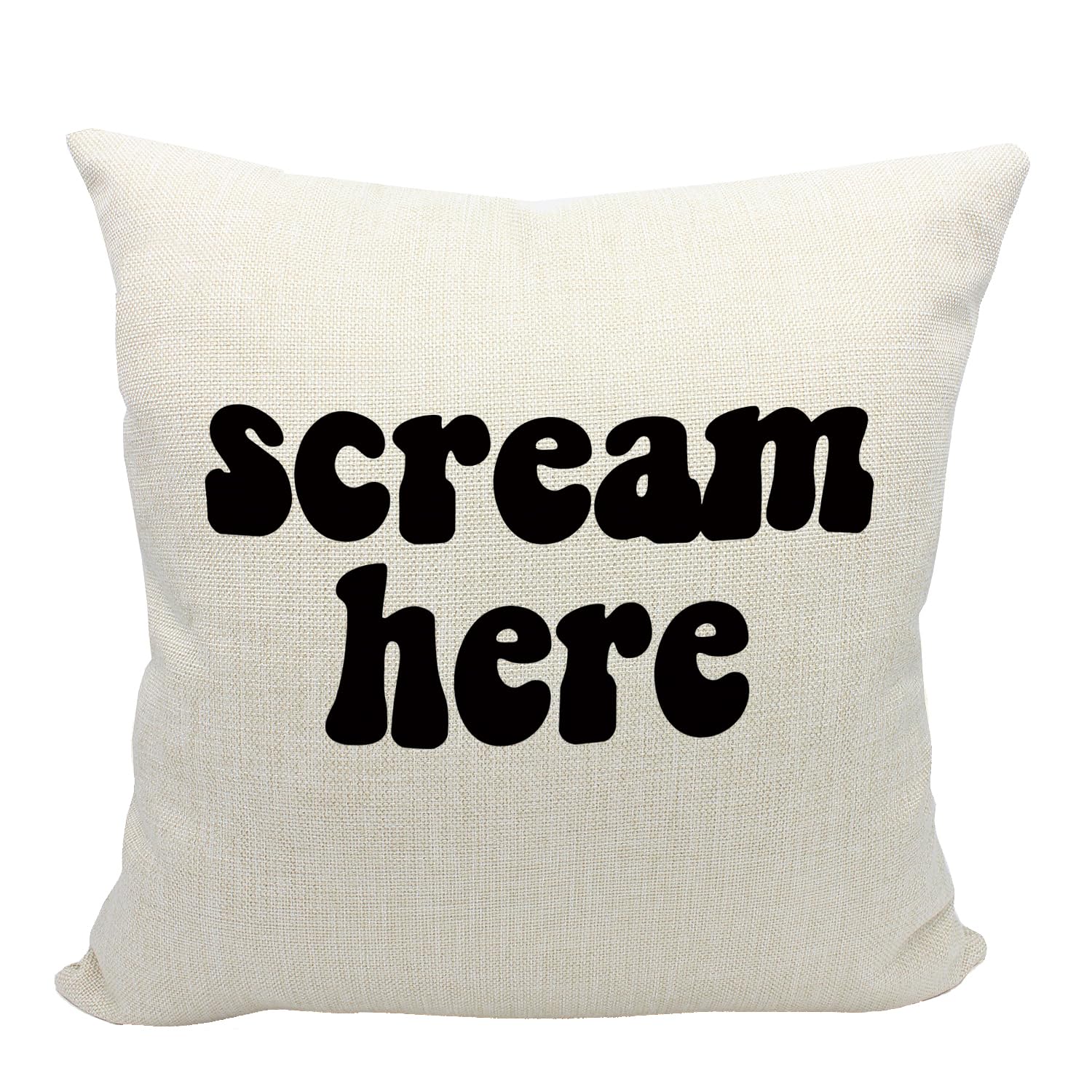 Mancheng-zi Scream Here Funny Humor Throw Pillow Case, Funny Gag Gift for Adults Teens, 18 x 18 Inch Stress Relieve Colorful Word Decorative Linen Cushion Cover for Sofa Couch Bed (18x18, White)