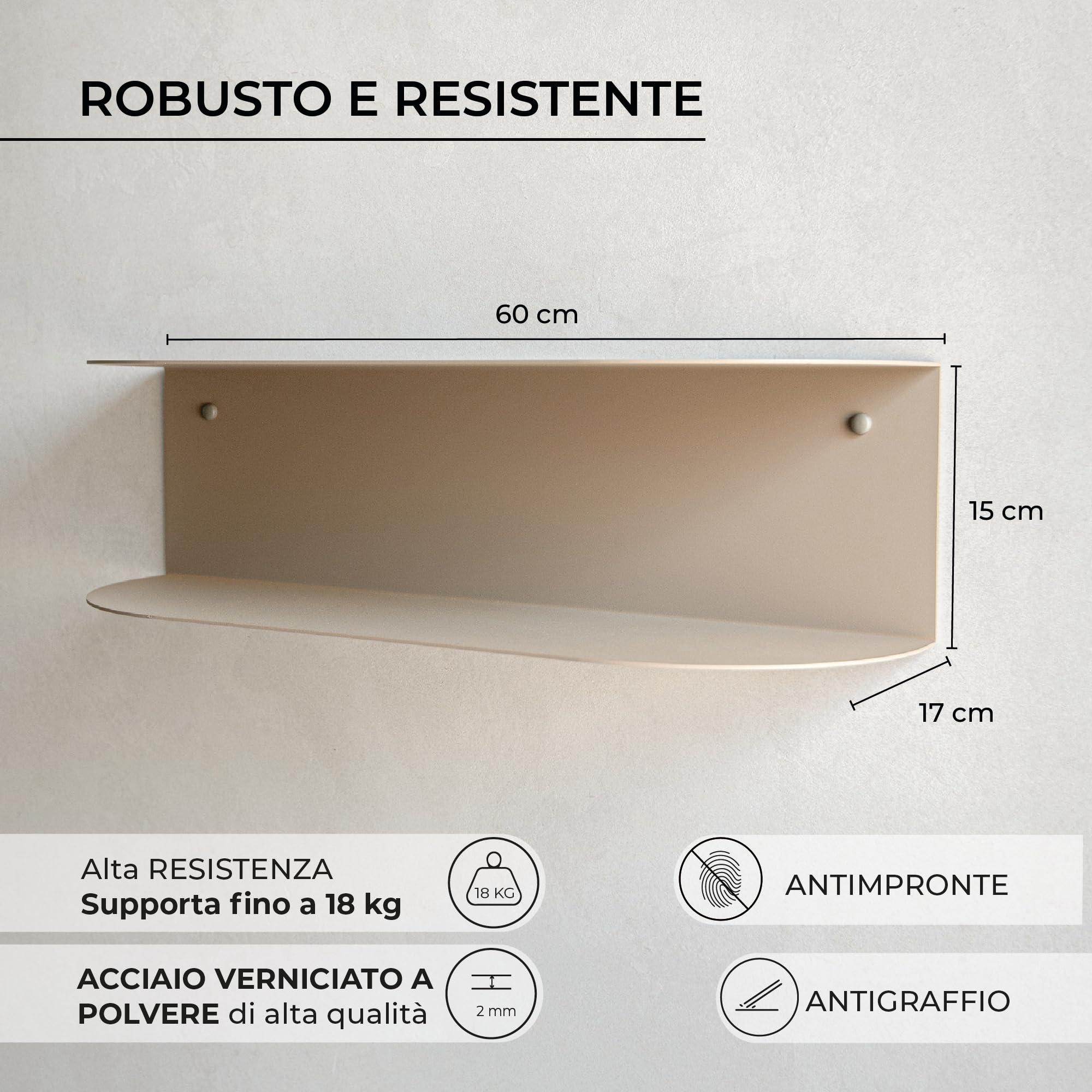 MILUKA Consolle Ingresso Moderno 60 cm in Metallo Beige Sabbia | Mensole da Muro Design a 2 Livelli per Mobile Ingresso, Comodino Sospeso o Toletta Trucco | Modello Ovva