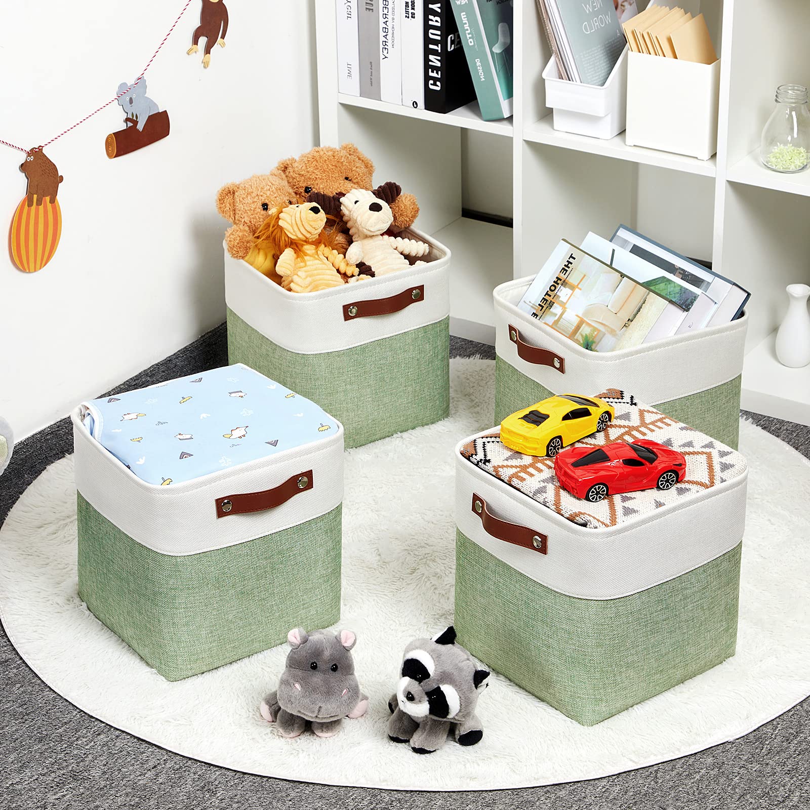 DULLEMELO Aufbewahrungskörbe zum Organisieren, Stoff-Aufbewahrungswürfel für Box, 27,9 cm, dekorative Würfel-Aufbewahrungskörbe mit Griff für Geschenkkorb (4 Stück, 27,9 cm, Weiß und Grün)