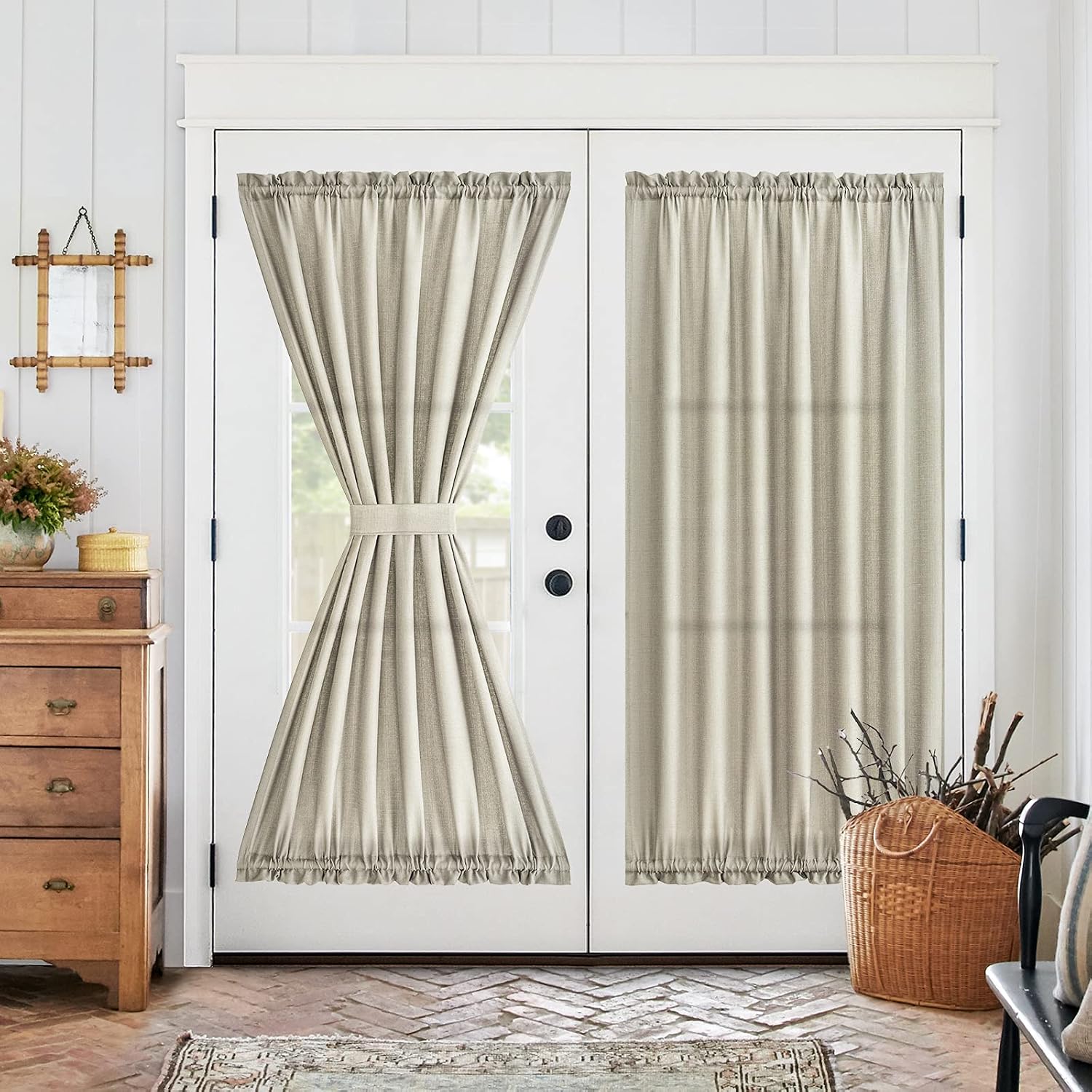 Semi Sheer French Door Panels Privacy Textured French Door Curtains 72 inch Length Tieback Included Casual Weave, Two Panels, Beige