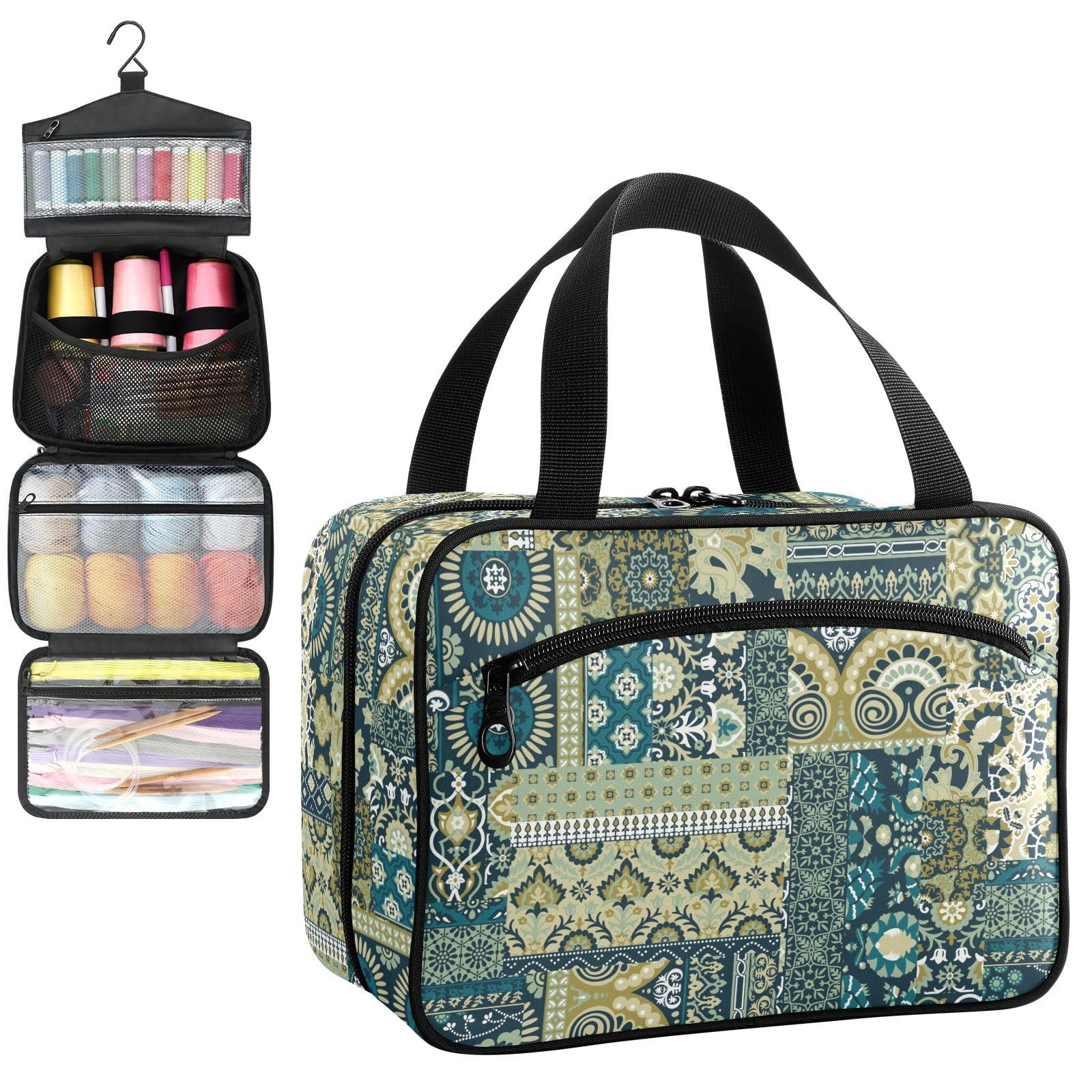YNNALE Sewing Supply Organizer Bag, Ethnic Paisley Pattern Sage Green Carpet Print Traditional Portable Sewing Bags with Pockets&Hanger, Sewing Storage Box Case for Sew Supplies/Kit/Tools/Accessories