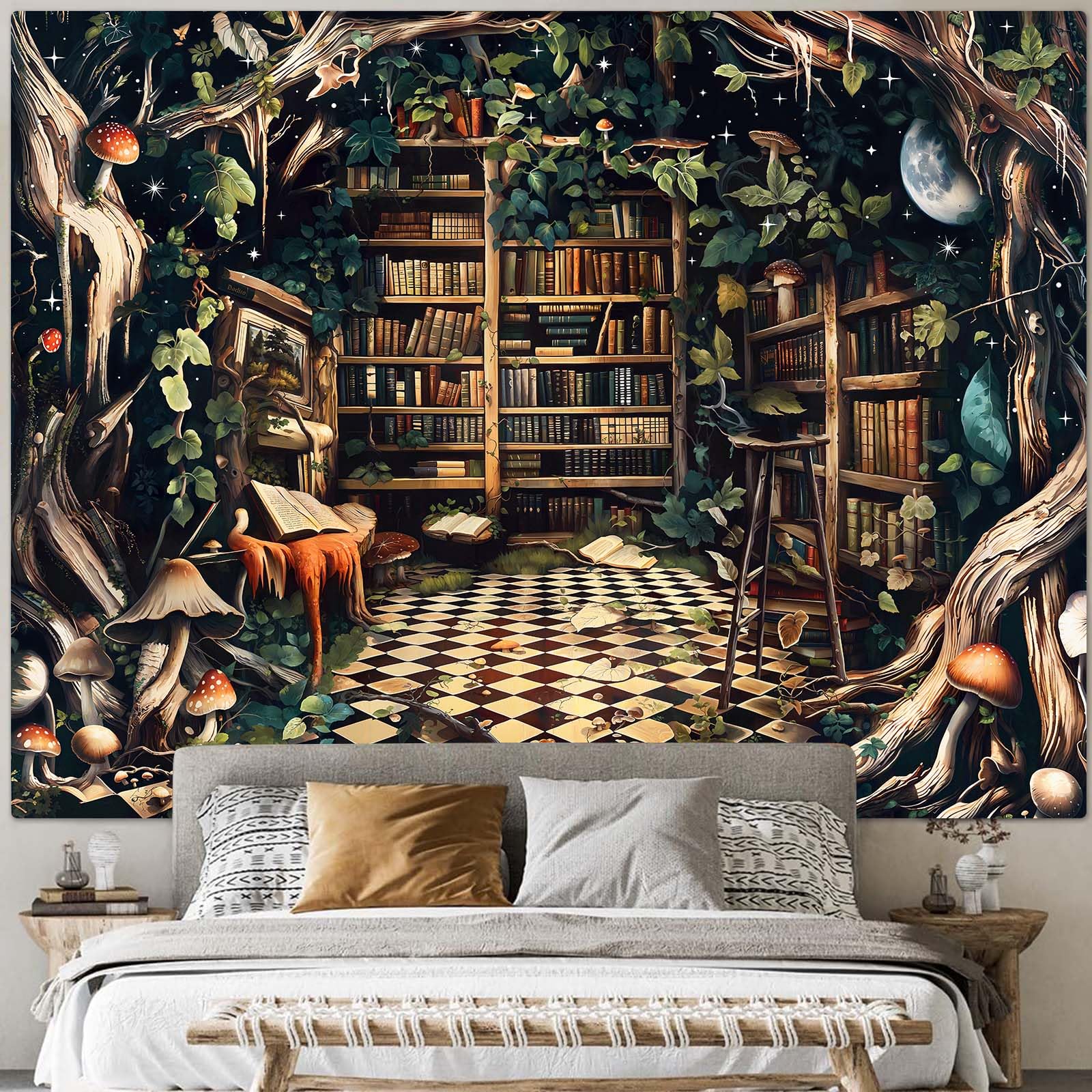 Accnicc Botanical Bookshelf Tapestry Lush Green Plant Book Shelf Tapestries Wall Hanging Art Vintage Retro Potted Plants Academics Library Book Tapestry for Bedroom Living Room Dorm 80 x 60 inch: Orange 80"L x 60"W