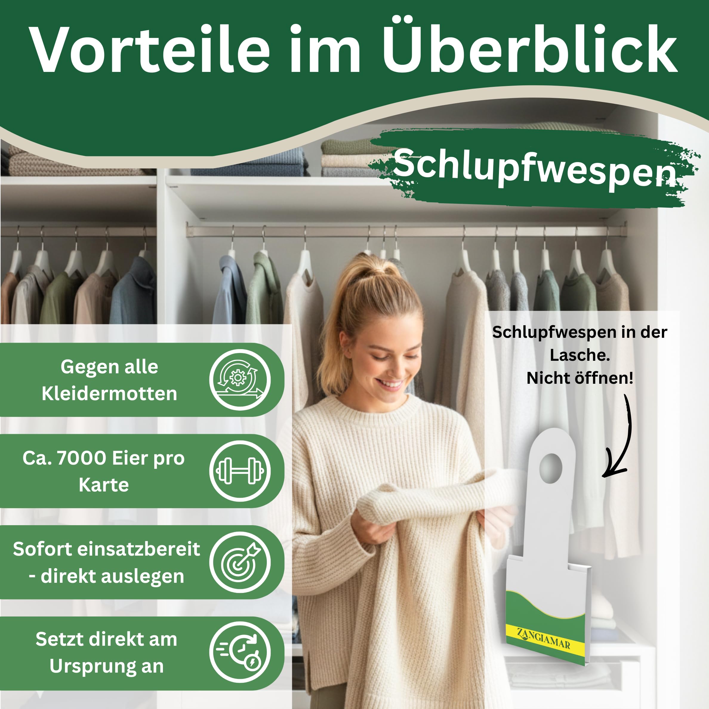 Schlupfwespen gegen Kleidermotten - XXL Menge, je 7000 Eier, 12 Karten | Schütze, was dir wichtig ist - frei von Motten und Sorgen. | Nur für kurze Zeit: 10 % Rabatt-Coupon