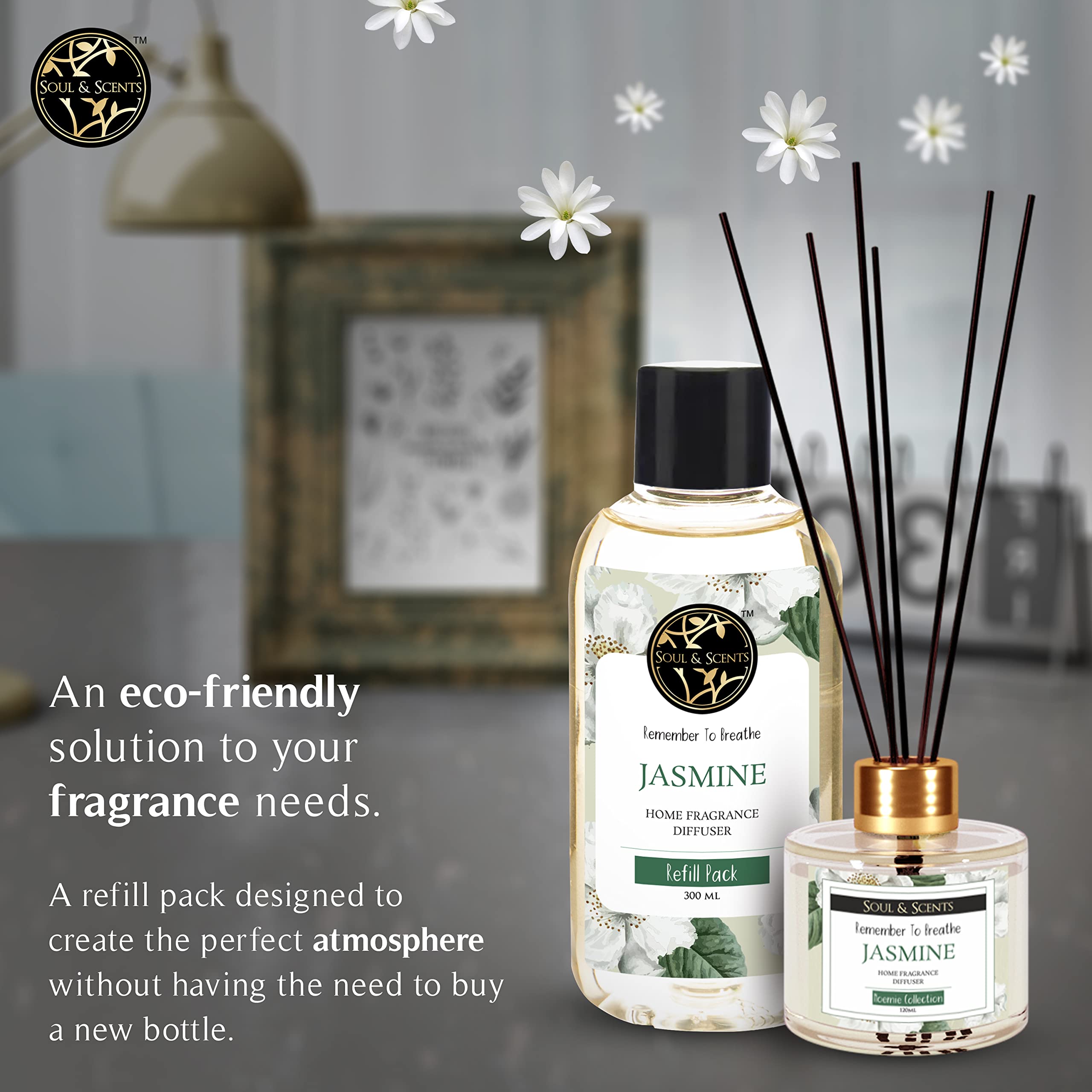 Soul & ScentsPlastic 300Ml Reed Diffuser Refill For Jasmine Fragrance | Free 12 Fiber Reed Sticks | Long Lasting | Smoke Less Room Freshener For Home, Bedroom, Living Room & Office 2