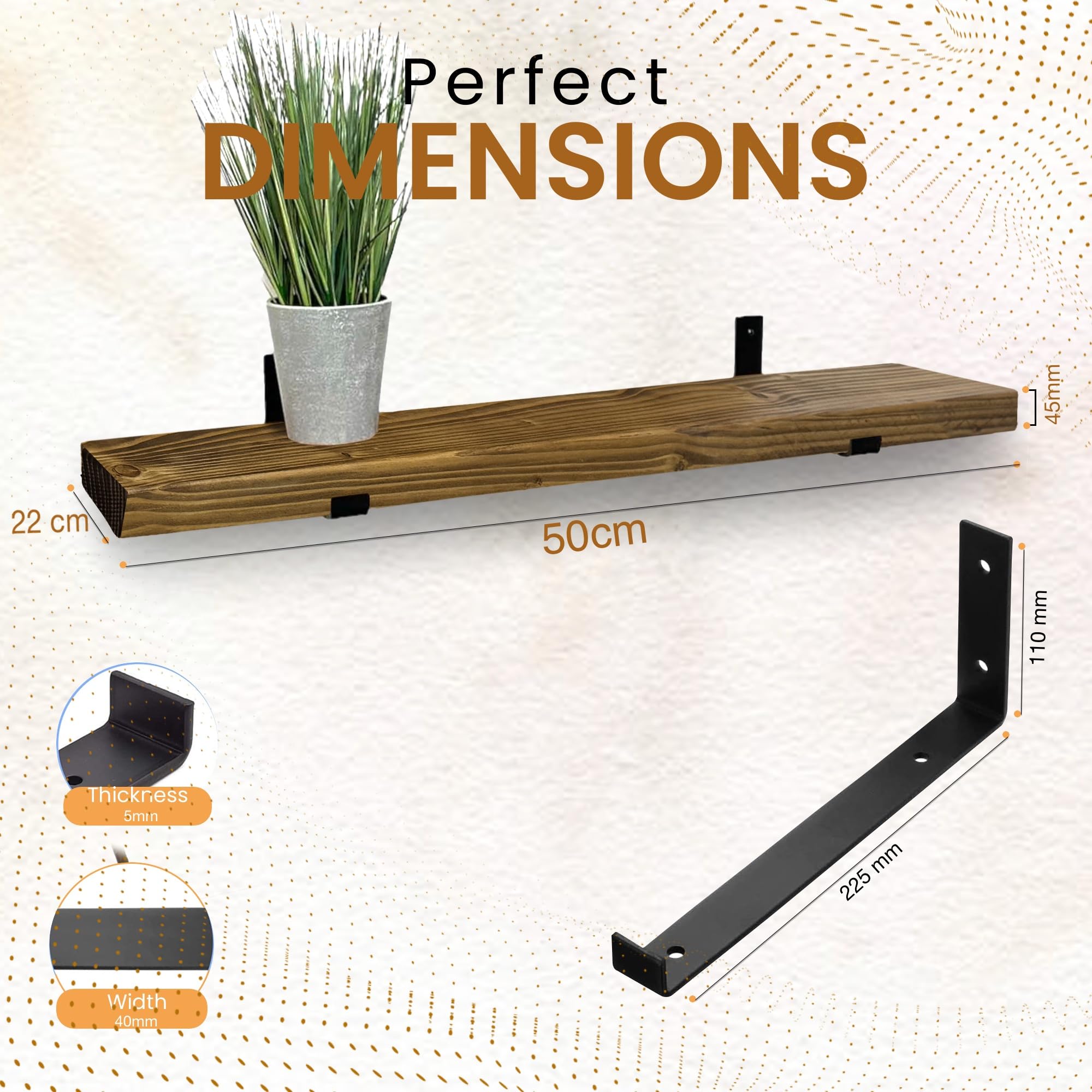 MKGT Handcrafted Rustic Wooden Floating Shelf, Wall Mounted with Black L Brackets, Made in the UK from Solid Timber, Kitchen - Image 2
