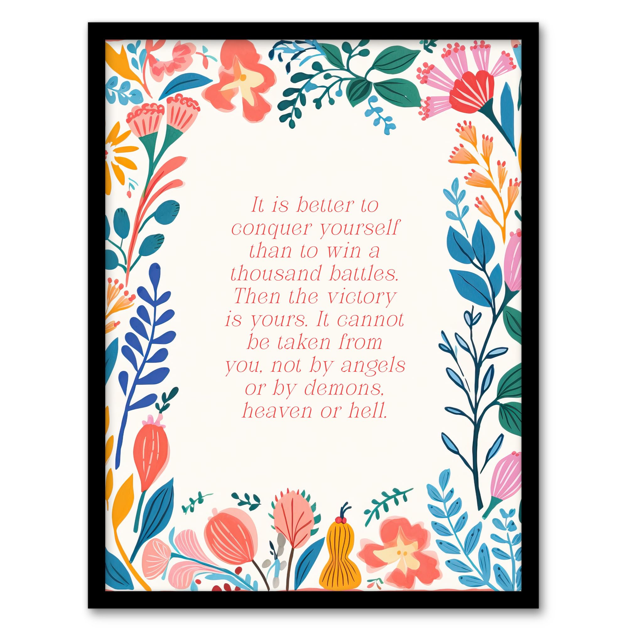 Artery8 Conquer Yourself Buddhist Mindfulness Quote Floral Buddha Meditation Enlightenment Vihara Artwork Framed Wall Art Print A4