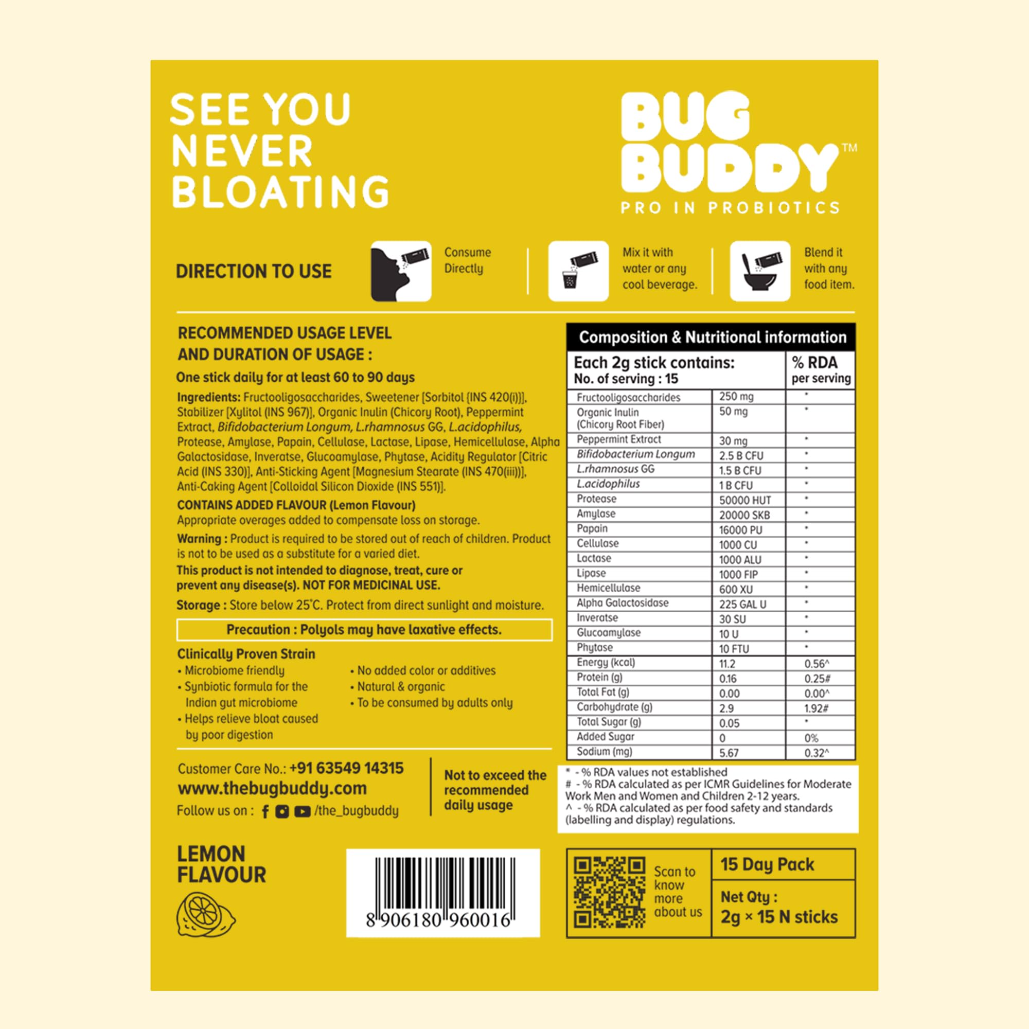 Bug Buddy See You Never Bloating | Anti Gas and Bloating Drink with Probiotics & Digestive Enzymes | Medicine for Gas Problem, Acidity and Bloating Relief | 5 Bn CFU | Feel Lighter in 7 Days | 15-Day Pack 3