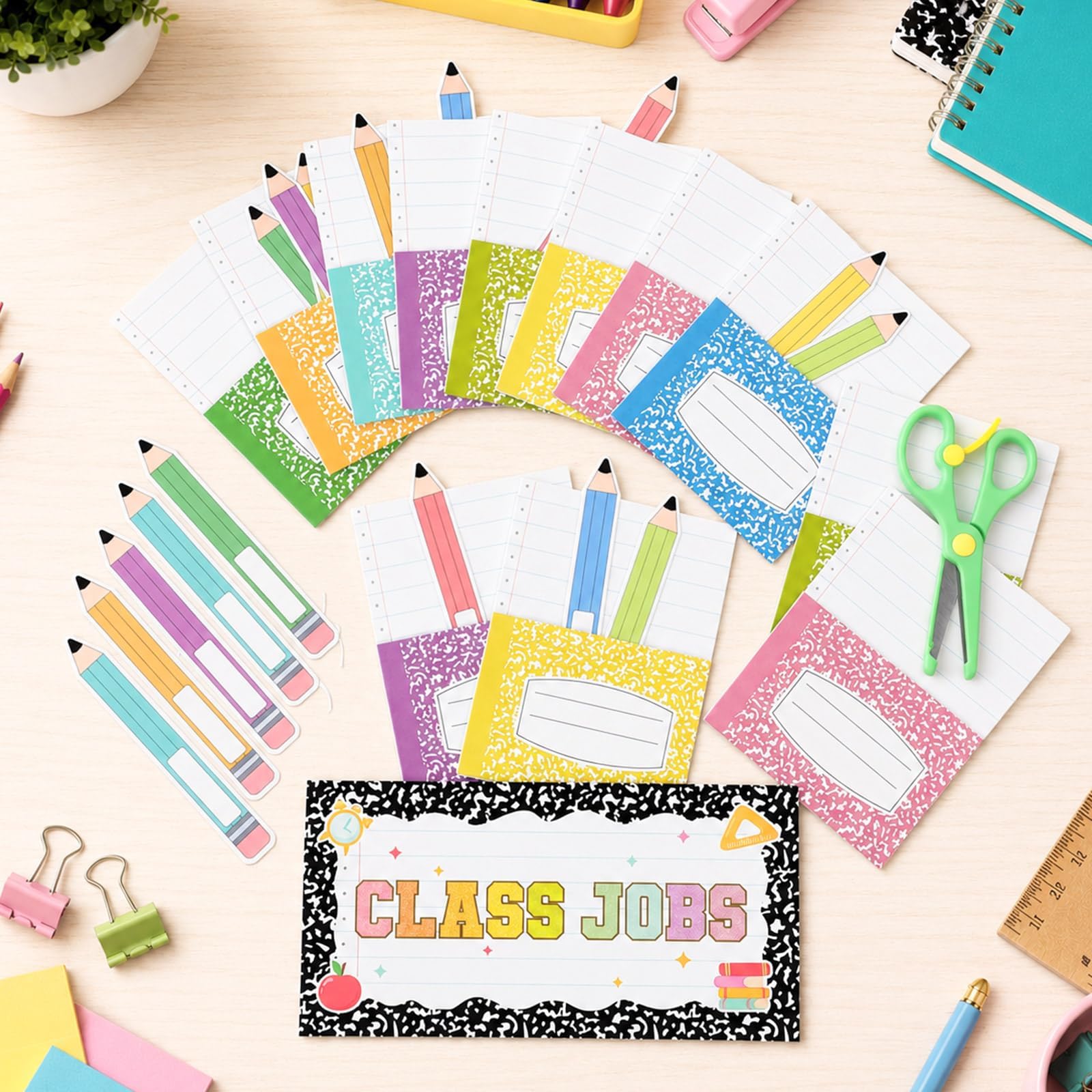 Kompositionsbuch für Klassenarbeiten, bunte Taschenpinnwand für Klassenzimmer, Lehrer-Job, bunte Bleistiftdekoration, Namensschild auf der