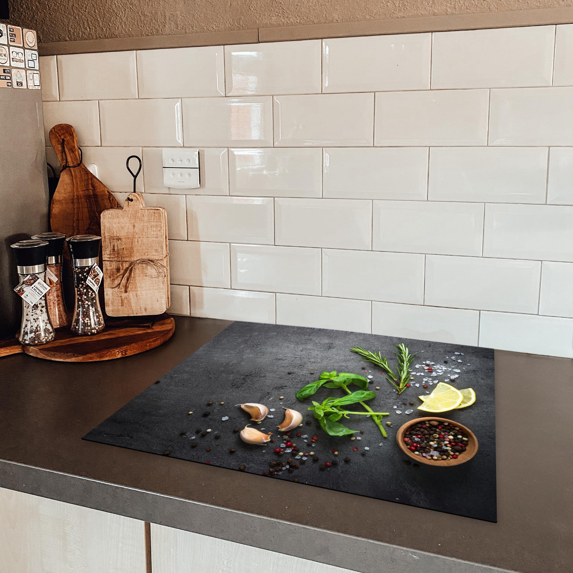 KitchenYeah© Cubre Vitrocerámica - Protector Vitroceramica Induccion 59x52 cm - Tapa Vitroceramica - Protector de Vitroceramica Lima - Hierbas - Especias - Verde - Gris - Hormigón — view 5