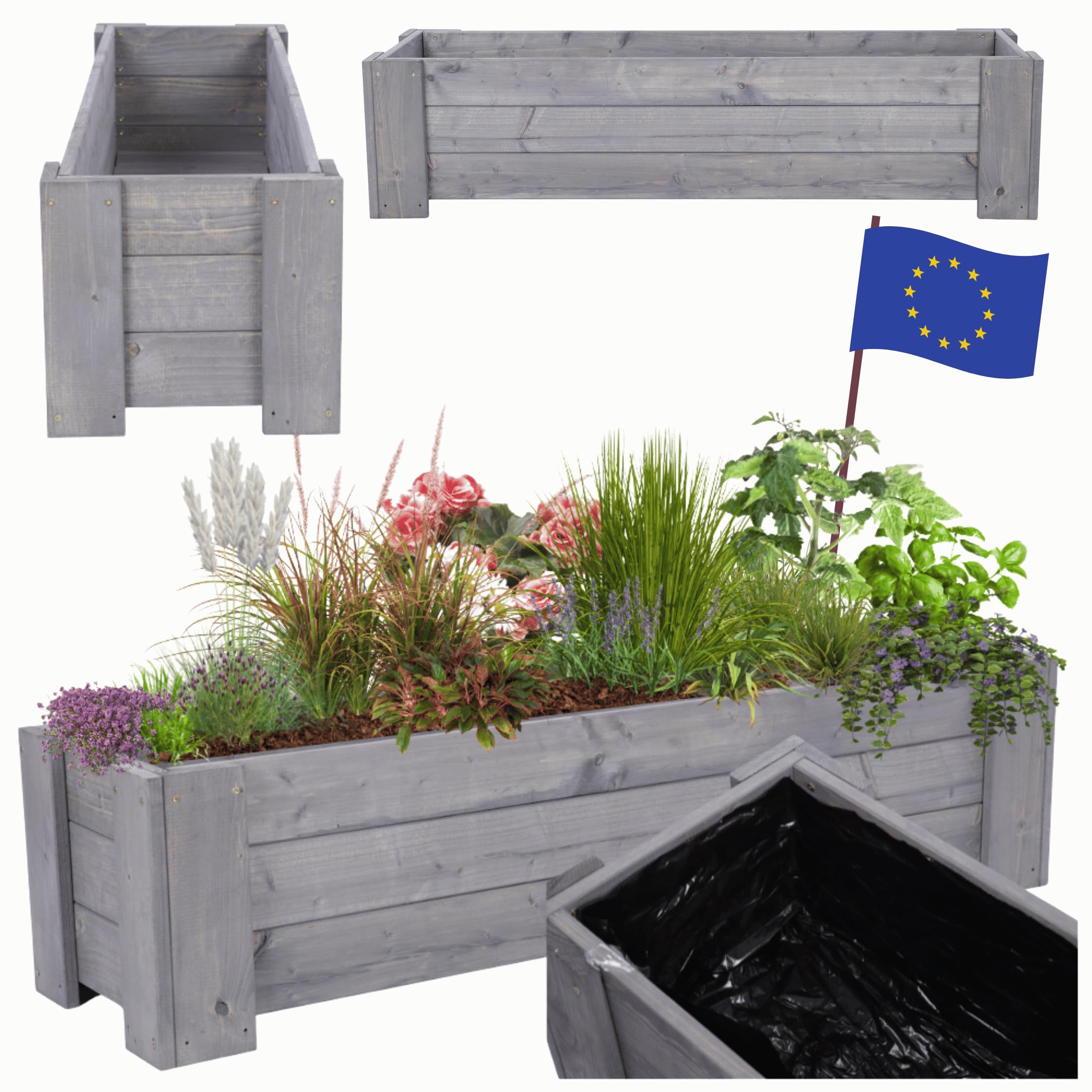 Pflanzkübel aus Holz, Hochbeet mit Schutzfolie, Kiefernholz Pflanzkasten Blumenkasten für Outdoor Garten Terrasse Balkon, Wetterfest, Stabil & Dekorativ, 30x137x33 cm Farbe: Grau imprägniert