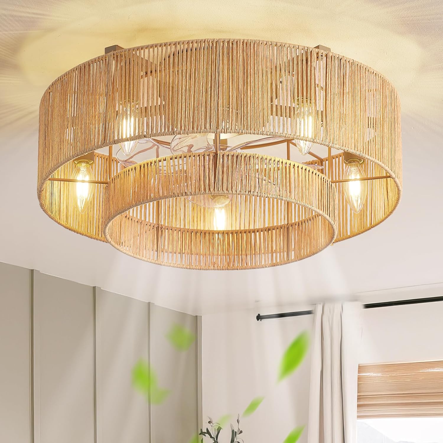 20'' Boho Ceiling Fan with Lights Flush Mount, Caged Rattan Ceiling Fan with Light and Remote Control, Low Profile Ceiling Fan with Light for Living Room Bedroom Kitchen Boho Caged Ceiling Fan