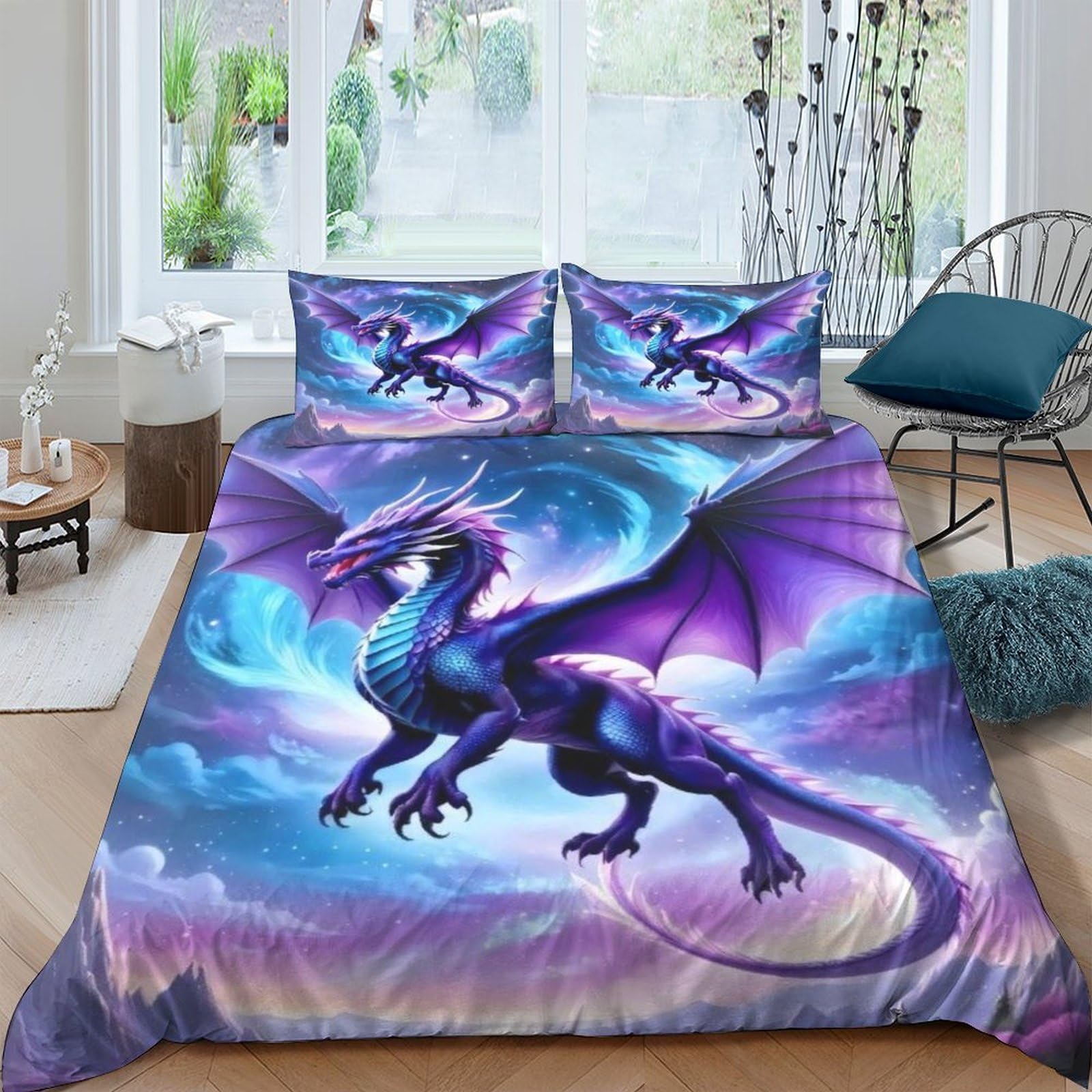 Qpirinmex Men's Flying Dragon-4 Flying Dragon Duvet Cover 3D Unique Quirky Gifts Bedding Linen Gifts For Adult Child Purple Dragon Quilt Cover With Pillowcases Soft Microfiber Comforter Cover Double（200X200cm）