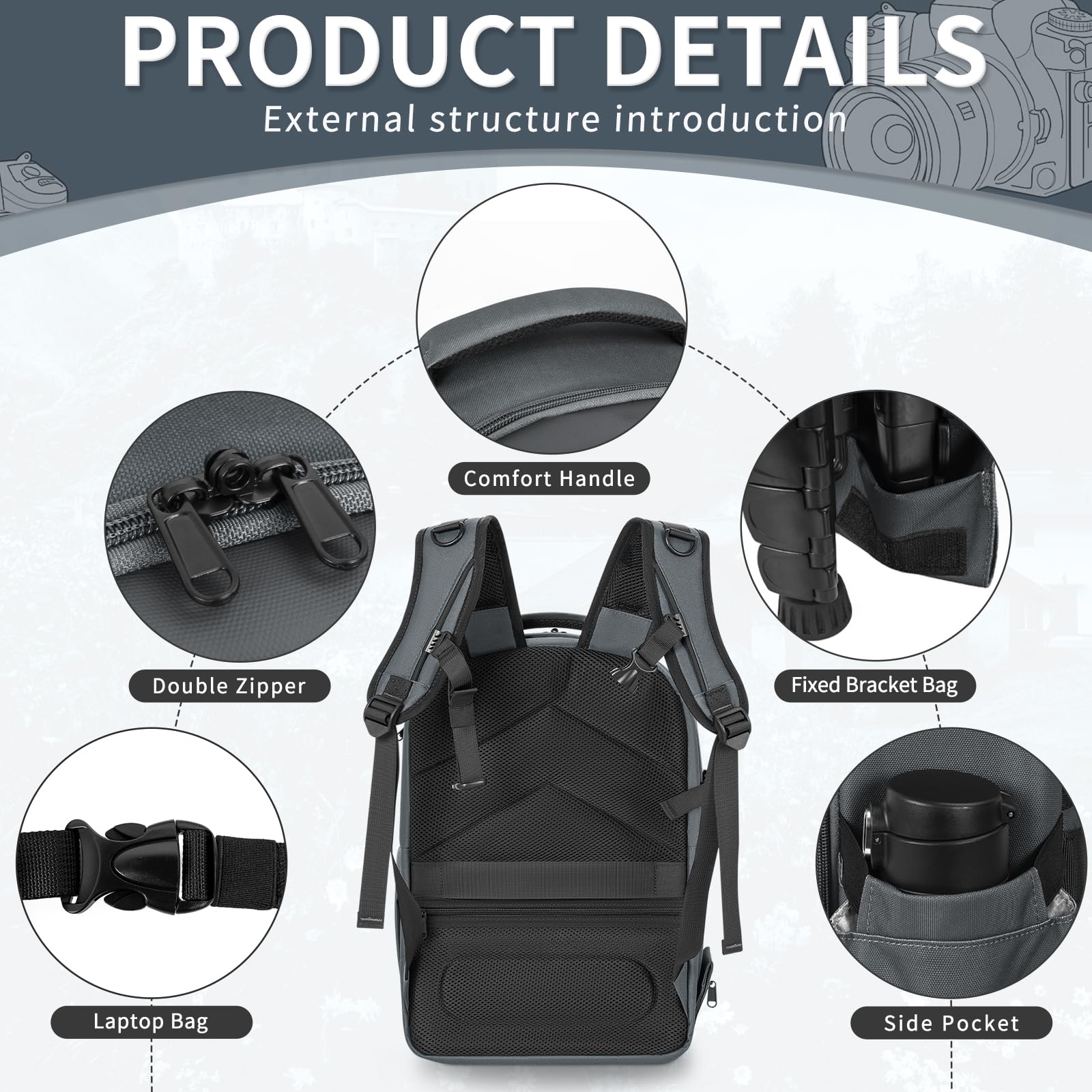 Mochila rígida para cámara, bolsa para cámara de fotografía, resistente al agua, antigolpes, con soporte para trípode y compartimento para laptop de 15.6 pulgadas, compatible con Canon/Nikon