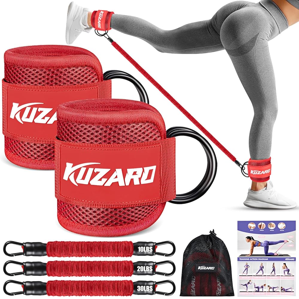 KUZARO Ankle Resistance Bands with Cuffs, Ankle Weights Bands for Working Out, Women Leg and Glutes Workout Equipment, Exercise Bands for Kickbacks, Butt and Booty Trainer, Home Gym Fitness Equipment