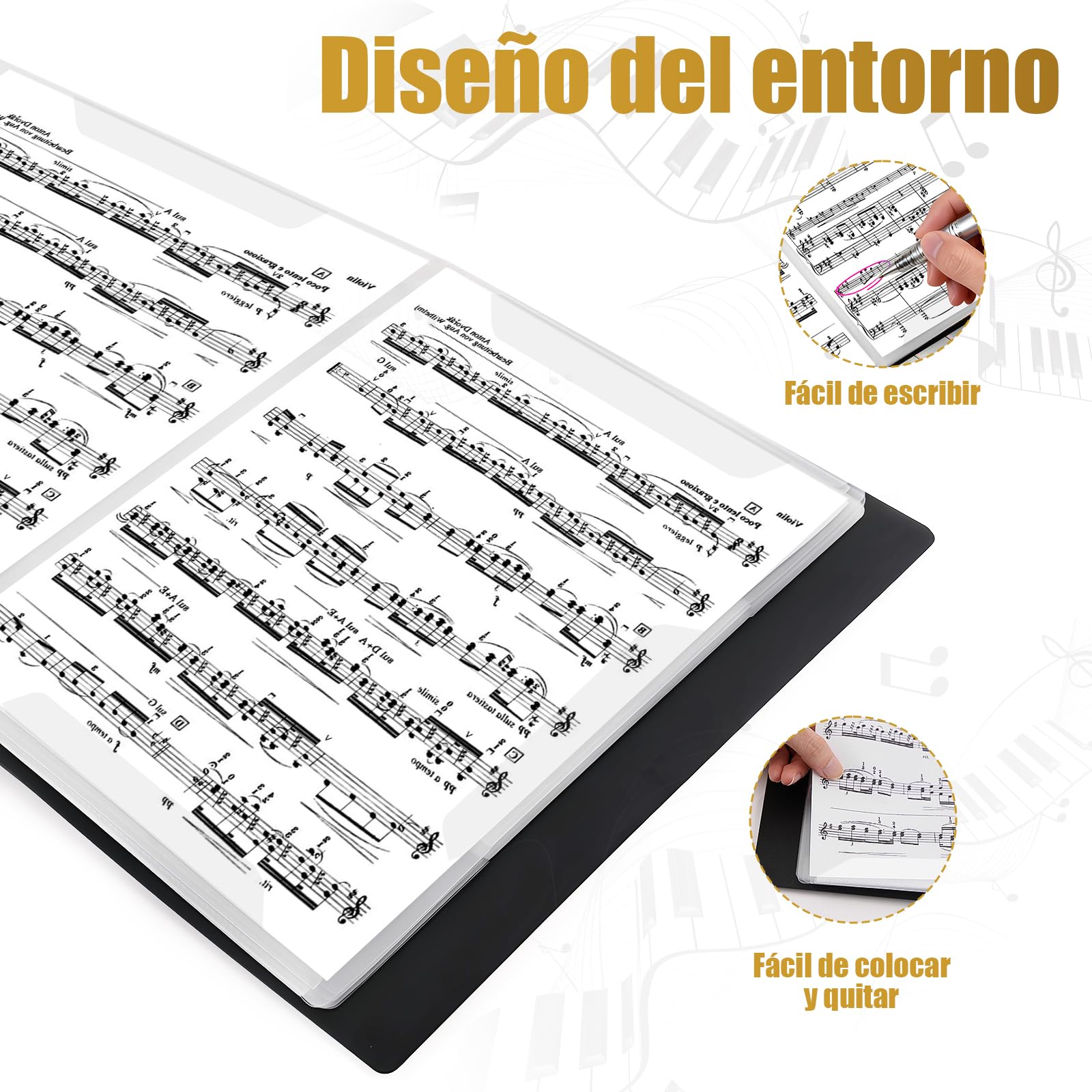 Irich Carpeta de notas musicales A4, carpeta de 15 bolsillos/60 páginas para partituras, impermeable y plegable, carpeta de notas desplegable en negro, carpeta de registro para documentos, papel