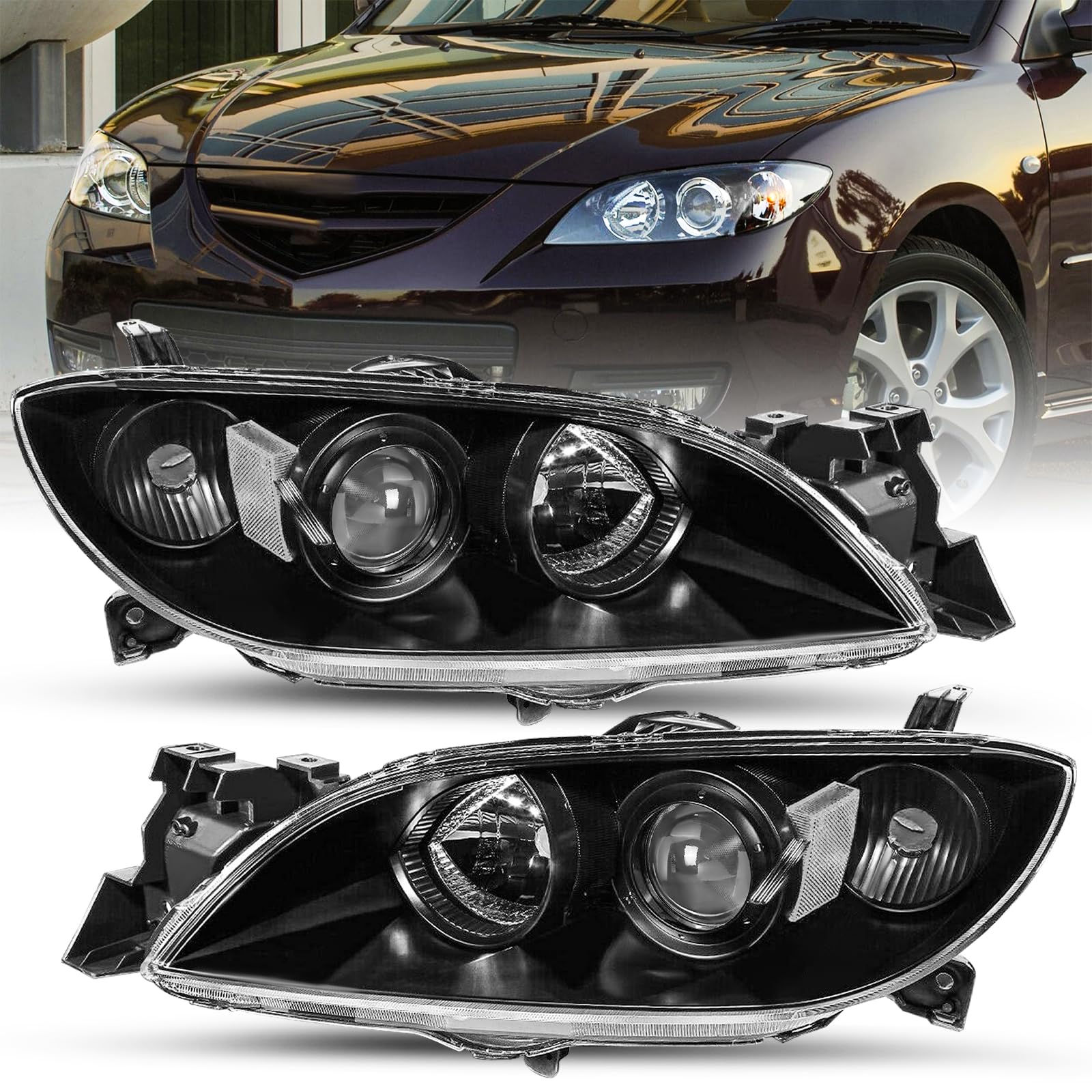 TUSDAR Headlight Assembly Fits 2004-2009 Mazda 3 Sedan 4-Door Halogen Projector Headlamp Black Housing Clear Reflector