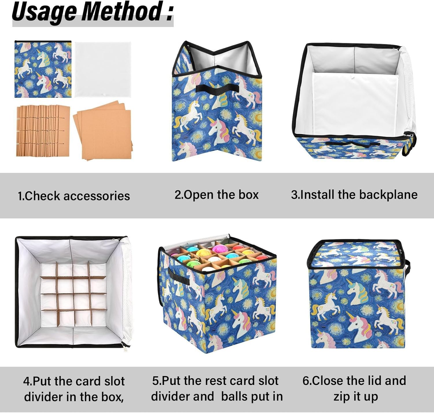 High Capacity Christmas ornament organizer Holds Up to 64, Adjustable Dividers, Zippered Top, Two Handles foldable Holiday Storage Case with Lid,Art Oil Painting unicorns Blue