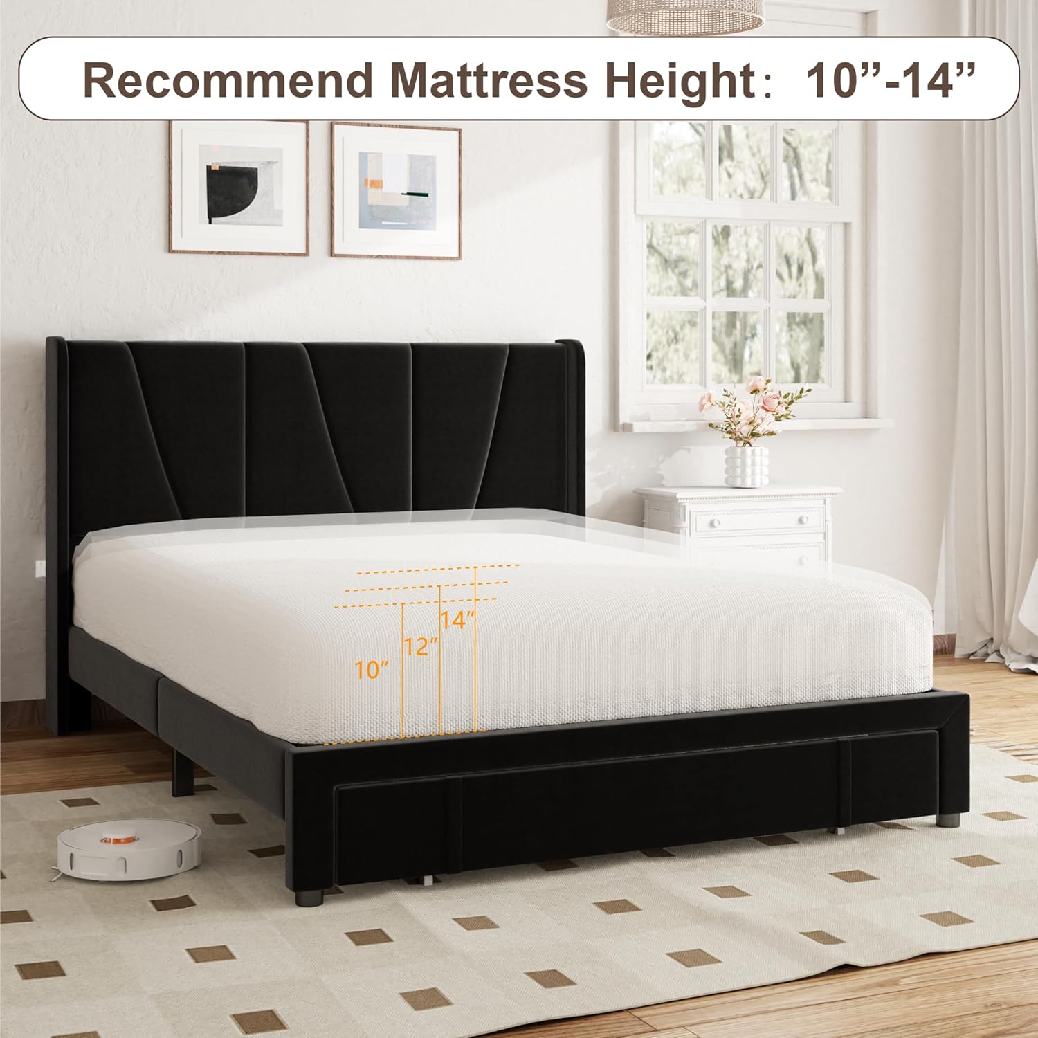 Queen Bed Frame with Storage Drawers, Upholstered Platform Bed with Wingback Headboard, Solid Wooden Slats Support, Easy Assembly, No Box Spring Needed, Black