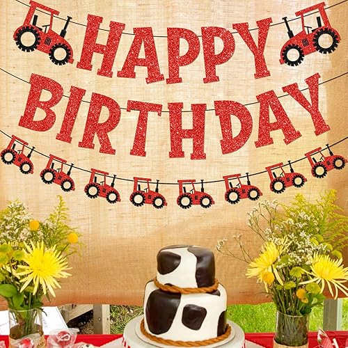 Miniatura 4 de Cartel de cumpleaños de tractor, decoración de fiesta de tractor rojo con purpurina roja, pancarta de feliz cumpleaños, guirnalda de tractor para
