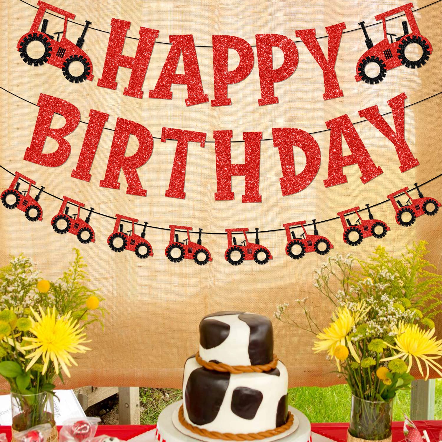 Decoración de fiesta temática de tractor, decoración de fiesta de cumpleaños de tractor rojo de granja, guirnalda de tractor de feliz cumpleaños con purpurina roja para fiesta de cumpleaños de tractor