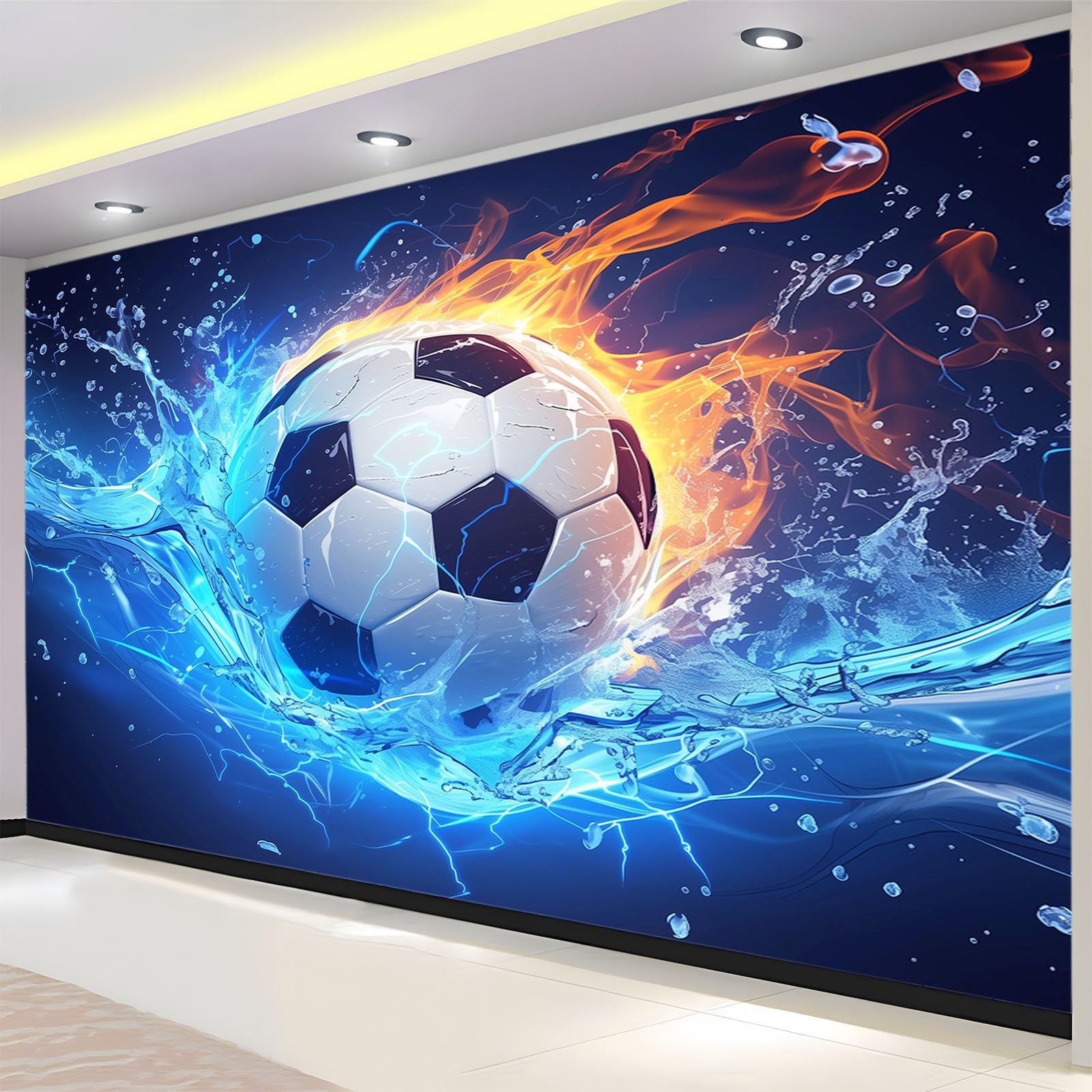 Tapete 3D Fototapete Wasser-Feuer-Fußball 250x175 cm Vliestapete Wandtapete Wandbilder 3D Druck Foto Tapeten für Wohnzimmer Schlafzimmer Vlies Tapete Motivtapeten