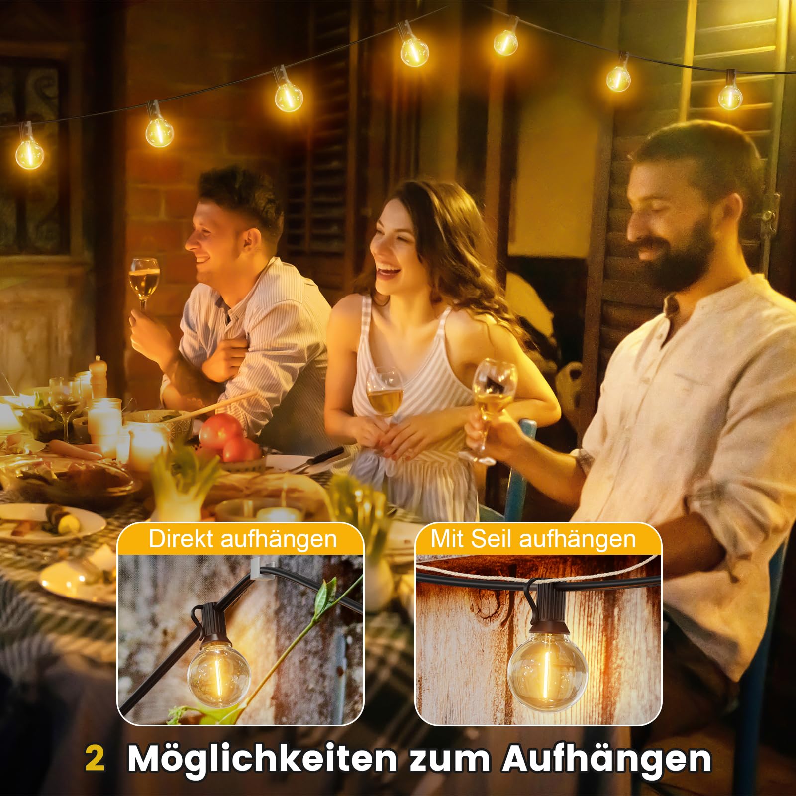 Yuusei Lichterkette Außen Strom, 45,7M Lichterkette Outdoor LED mit Dimmer, IP45 Wasserdicht, 58+2 G40 Dimmbar Aussen Glühbirnen Lights für Garten, Pavillon, Balkon, Camping, Party, Hochzeit