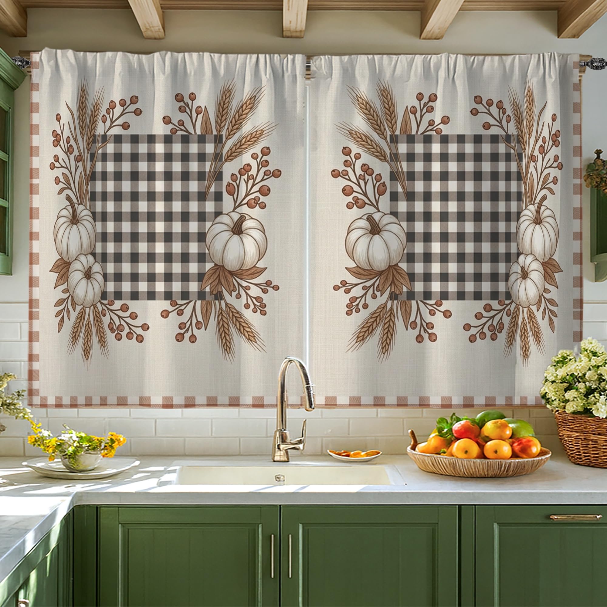 Rideaux en coton rustique à carreaux blanc automne 106x114 cm pour cuisine et salon