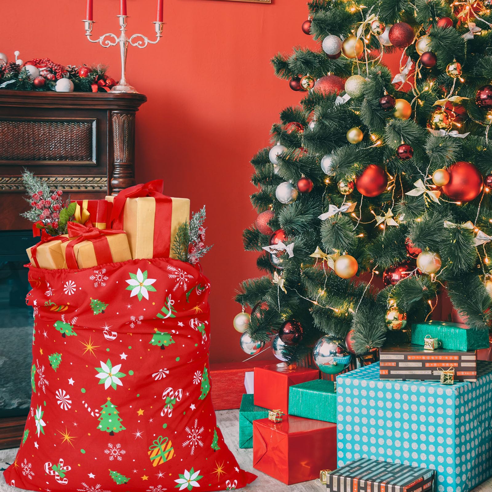 Hillban Extra großer Weihnachtsmann-Geschenksack mit Kordelzug, 91,4 x 68,6 cm, Weihnachtsmann-Tasche, Frohe Weihnachten, Geschenktasche für Spielzeug, Süßigkeiten, Leckereien, Aufbewahrung von