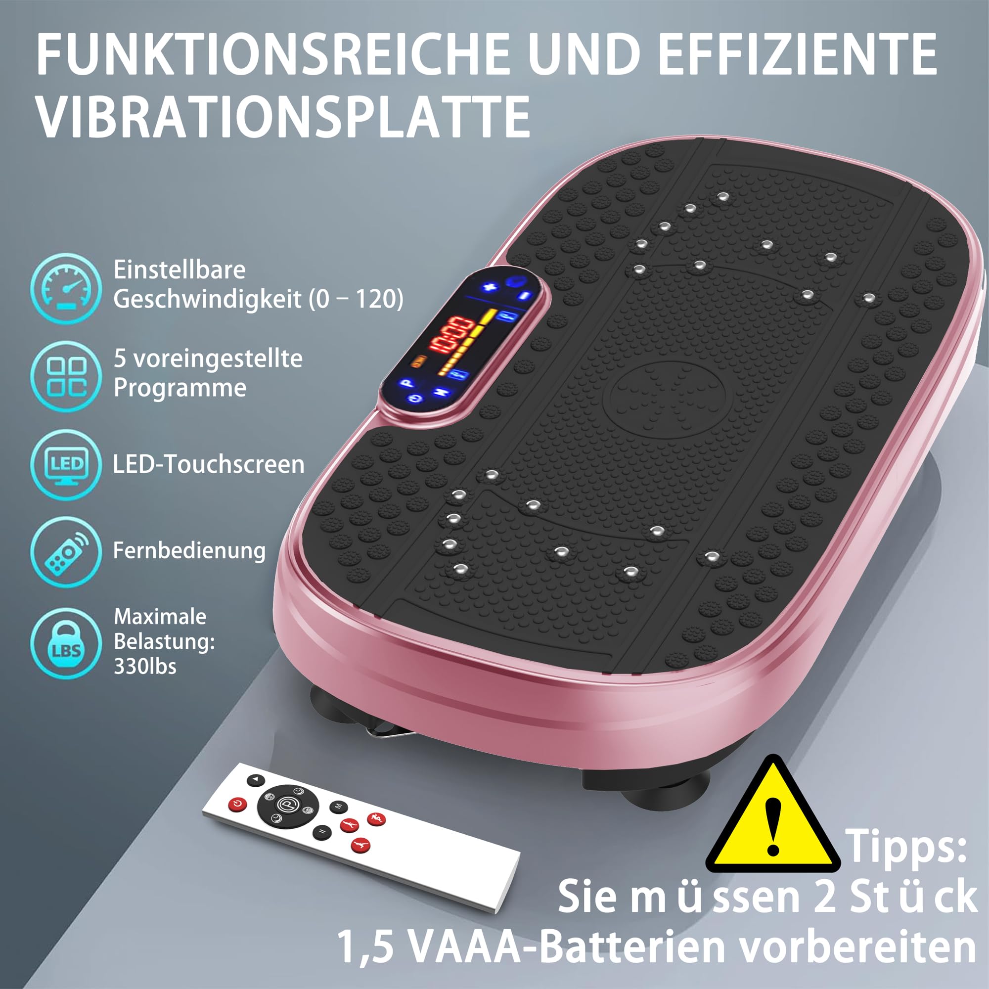 Plate-forme vibrante pour la maison - 120 vitesses et 5 modes intelligents - Avec 2 bandes de résistance et télécommande - Pour brûler les graisses - Musculation musculaire - Appareil compact de gym à