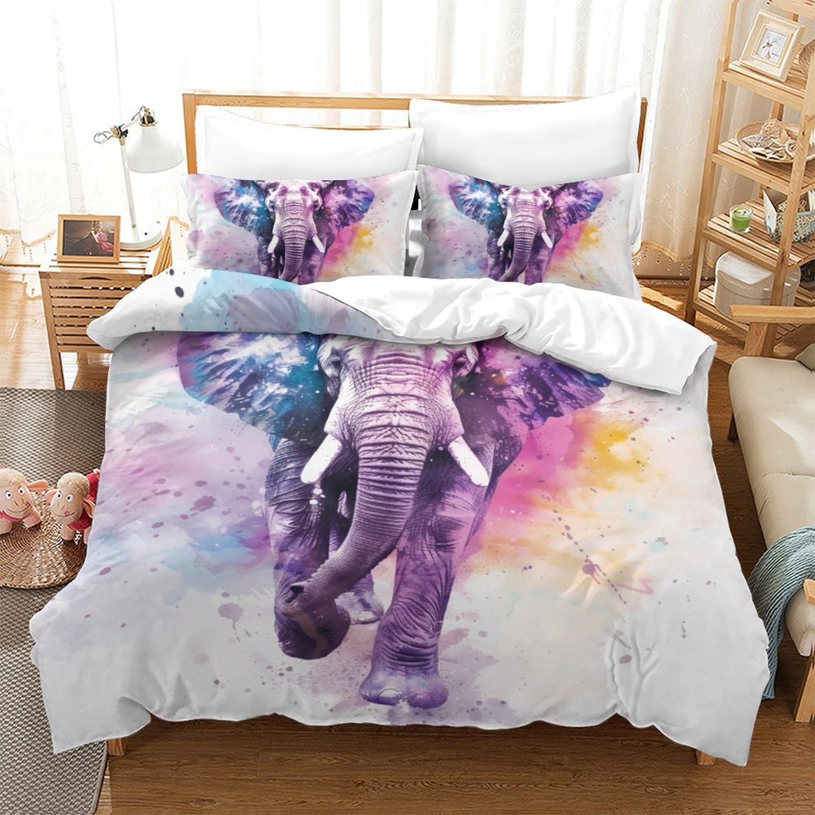 Impression 3D éléphant sur parure de lit 3 pièces en microfibre de taille 200x200 cm