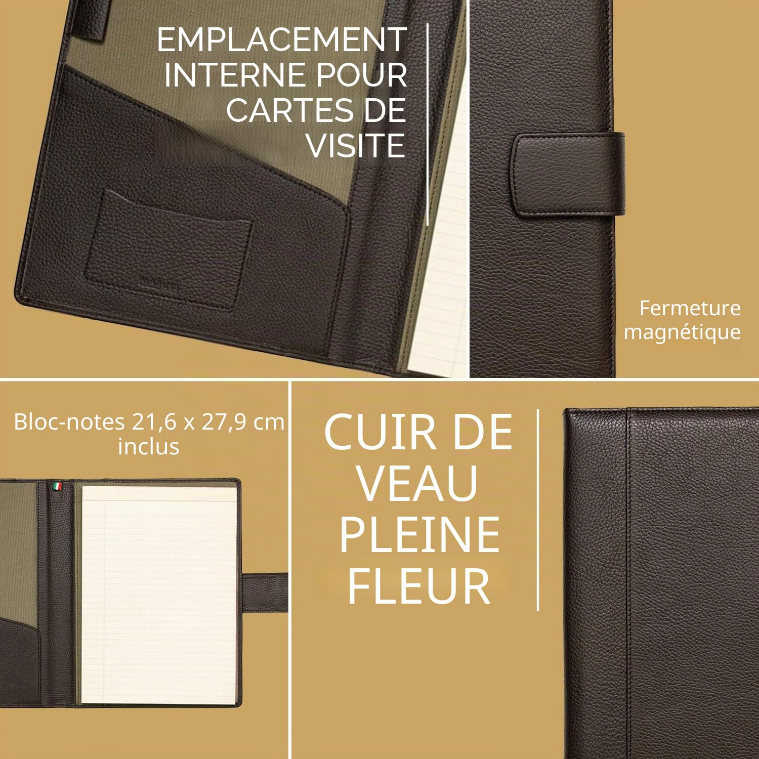 Porte Documents A4 100% Cuir Véritable Pleine Fleur Martelé - Conferencier Fabriqué à la Main par des Artisans Experts - Spacieux, pour une Réunion ou en Cours, avec Fermeture Magnétique - Marron
