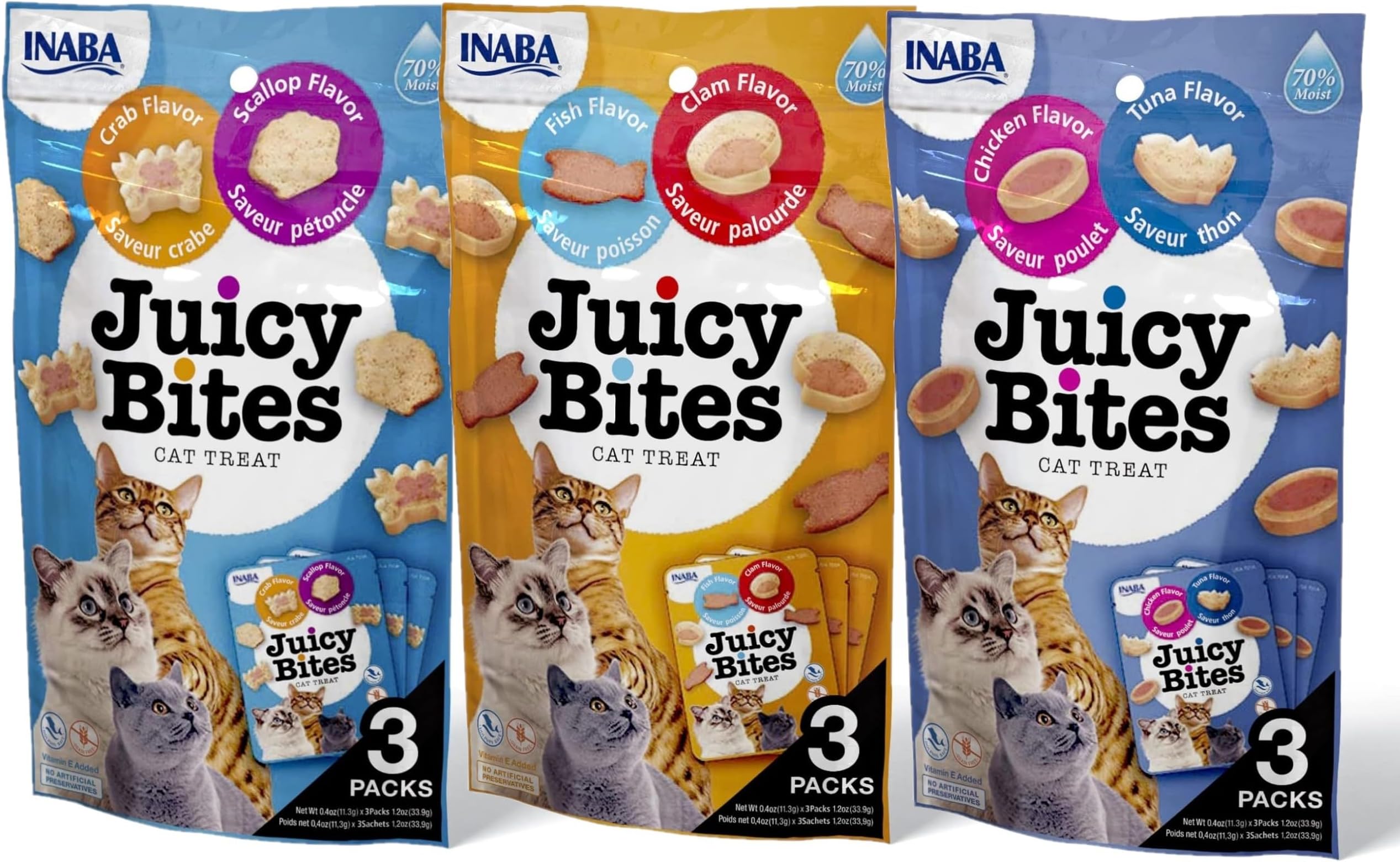 Juicy Bites Grain-Free, Soft, Moist, Chewy Cat Treats with Vitamin E and Green Tea Extract, 0.4 Ounces per Pouch, 9 Pouches Total (3 per Bag), 3 Flavor Variety Pack