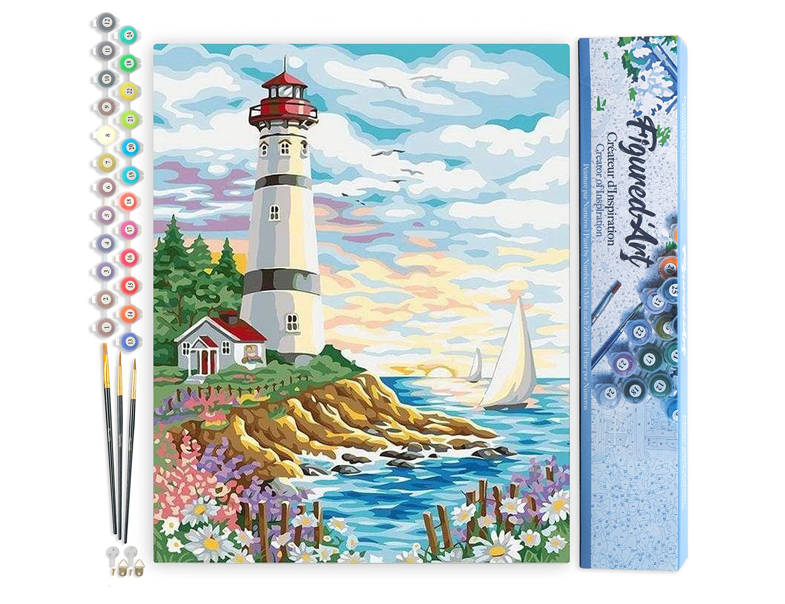 Figured'Art Paint by Numbers for Adults Lighthouse on a Beautiful Day 40x50cm - Craft Art Painting DIY Kit Rolled Canvas Without Frame