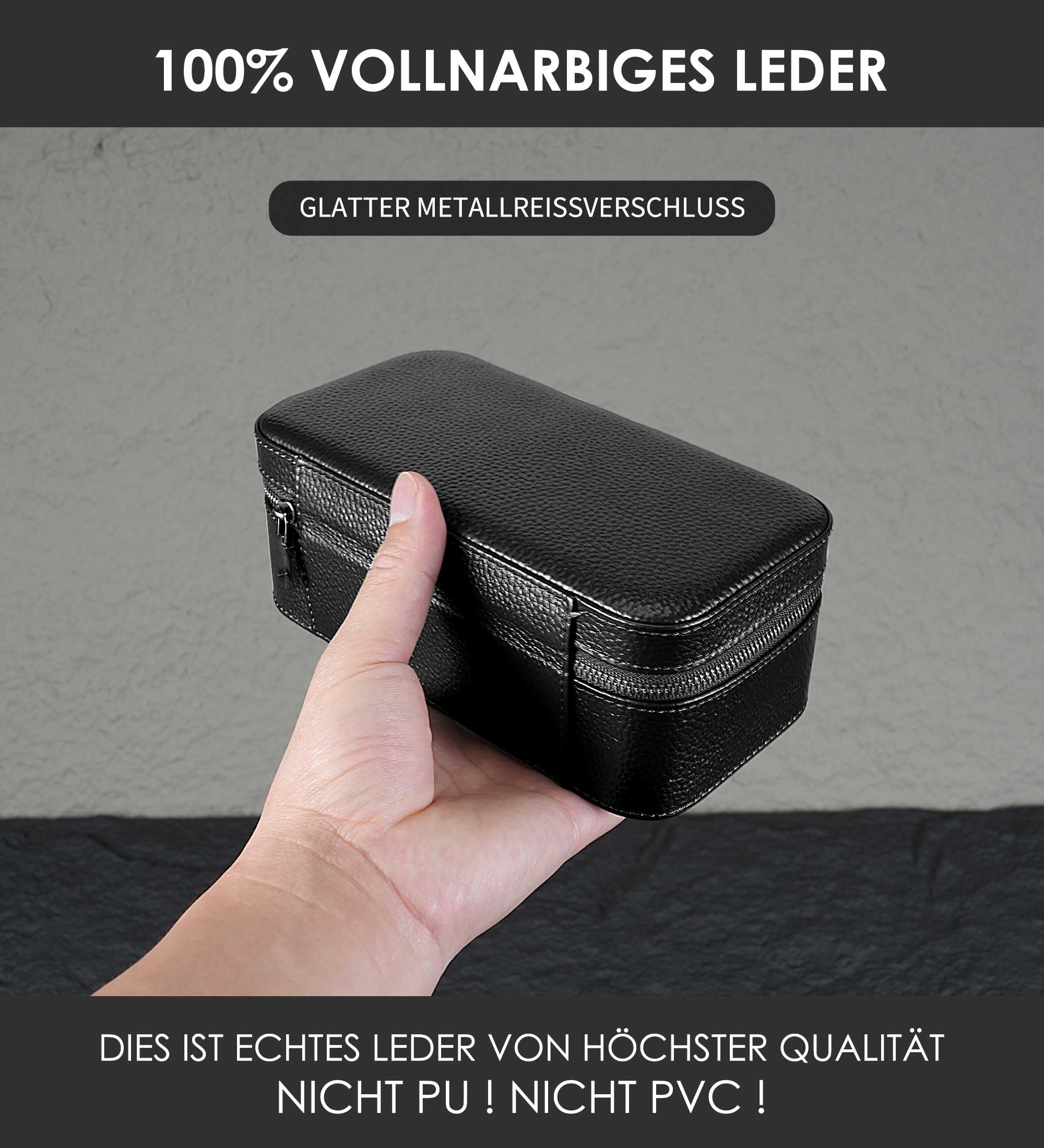 Boîte de voyage en cuir véritable pour homme et femme - Organiseur de rangement avec fermeture éclair en daim pour la protection - Convient à toutes les montres jusqu'à 60 mm (3W-Z-BBL)