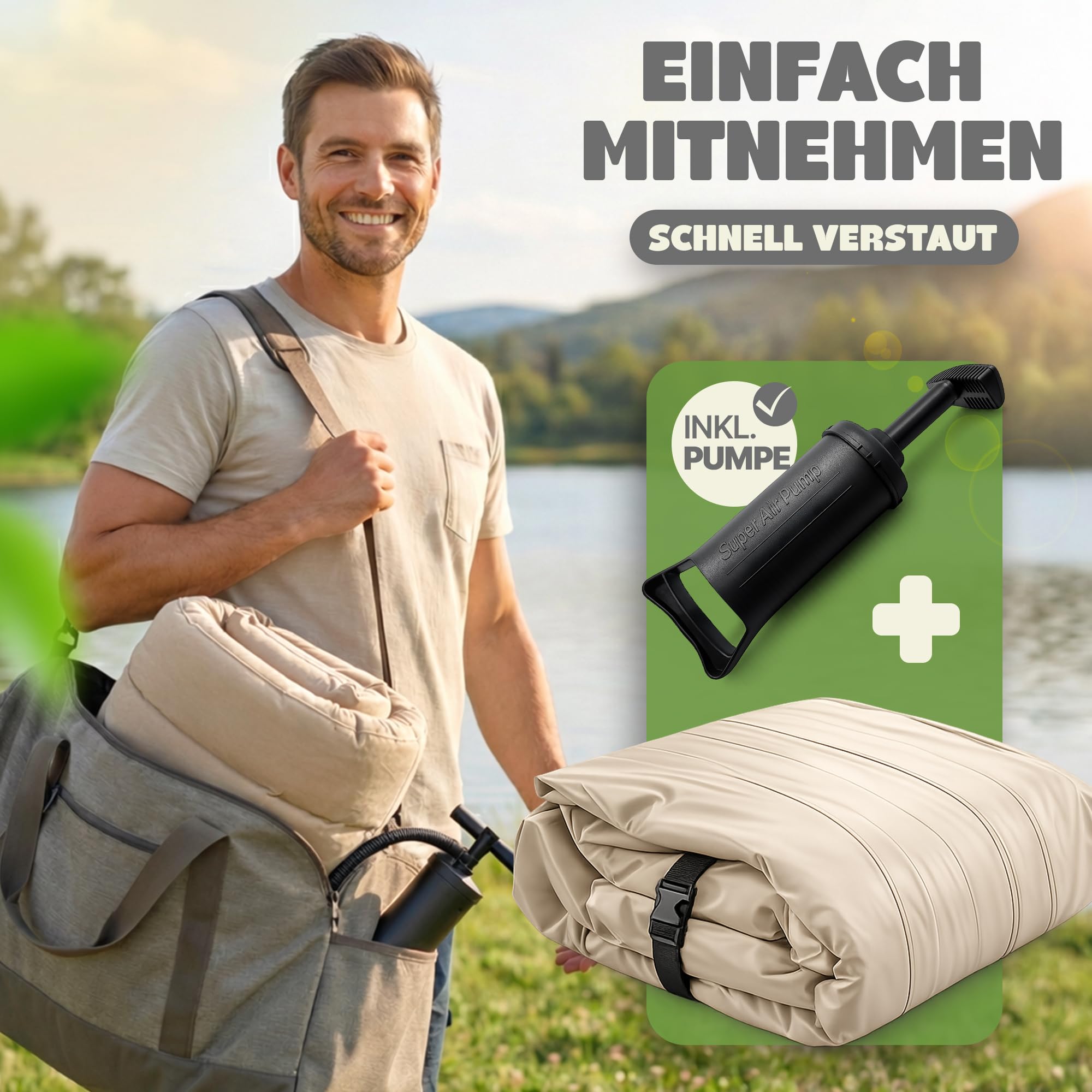 Aufblasbares Sofa Camping mit Pumpe – 2 in 1 Sofa Luftmatratze Camping 2 Personen – Bequeme Camping Couch – Weiche, geflockte Oberfläche – Gästebett aufblasbar (Creme)
