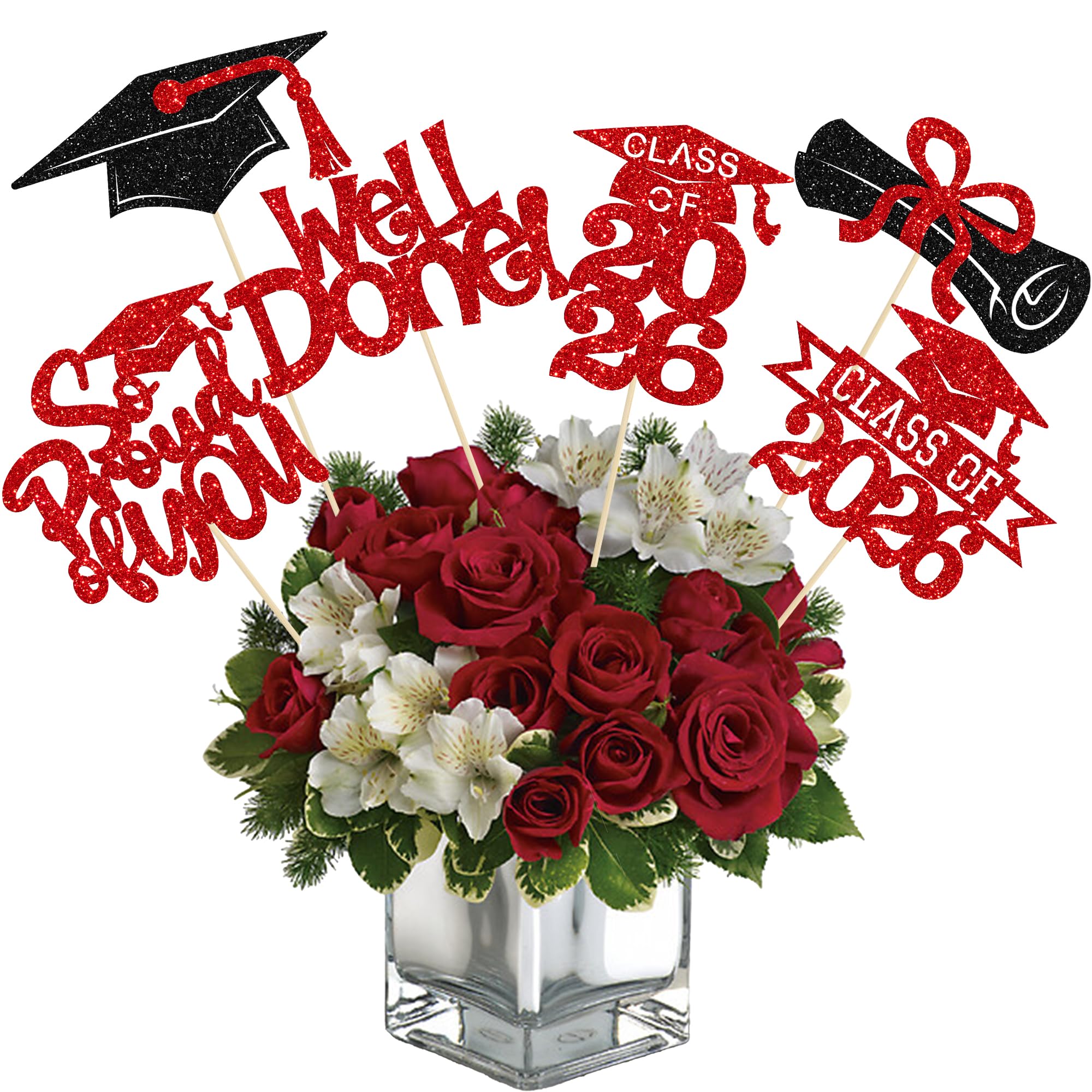 Gyufise 12Pcs Congrats Grad 2026 Centerpiece Sticks Glitter 2026 Graduation Done Diploma Table Flower Centerpieces Sticks Class of 2026 Party Decorations for 2026 Graduation Party Supplies Red