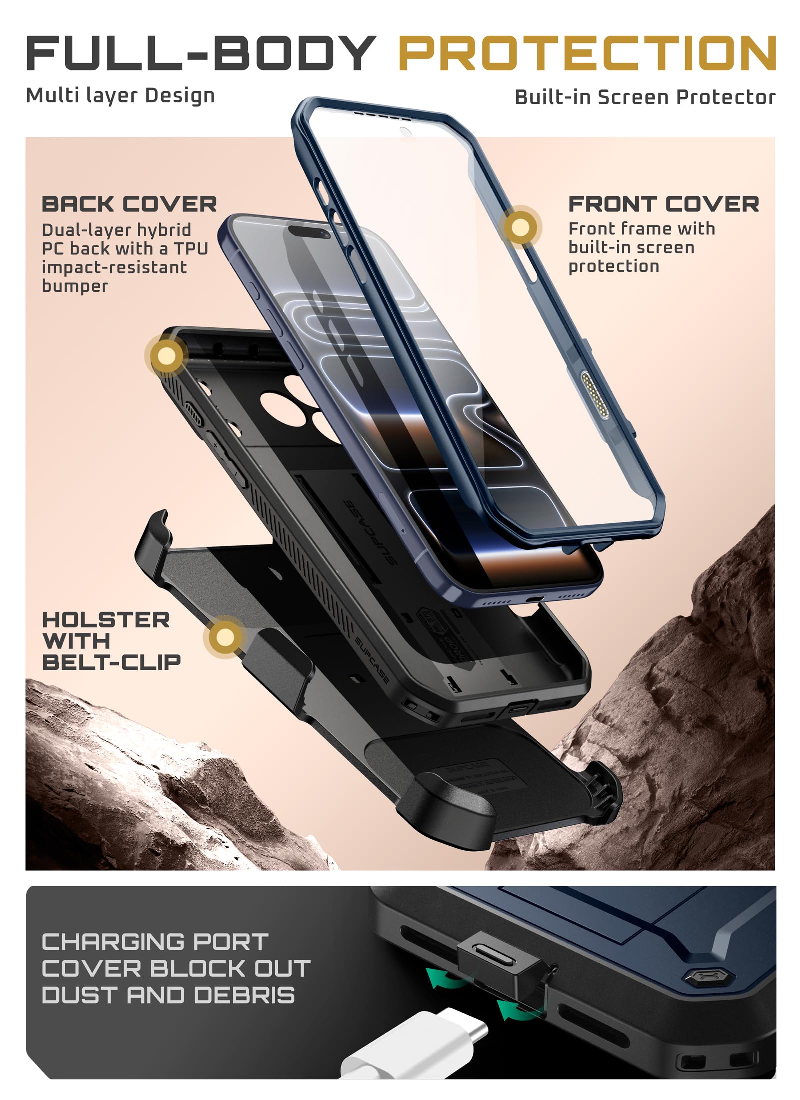 SUPCASE Etui na iPhone 17 Pro Max 6,9 cala z przyciskiem sterowania aparatem, Etui Outdoor 360 stopni, Bumper, Pokrowiec ochronny [UBPro] z ochroną ekranu, podstawką i klipsem na pasek (koralowe)