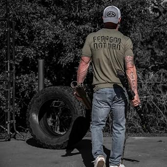 Combat Iron Mens Graphic T-Shirt Fear God, Not Man, Athletic Fit Everyday Tee