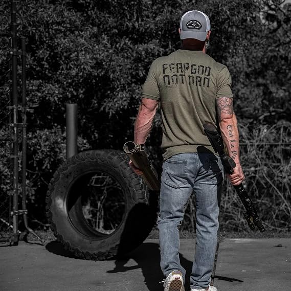 Combat Iron Mens Graphic T-Shirt Fear God, Not Man, Athletic Fit Everyday Tee