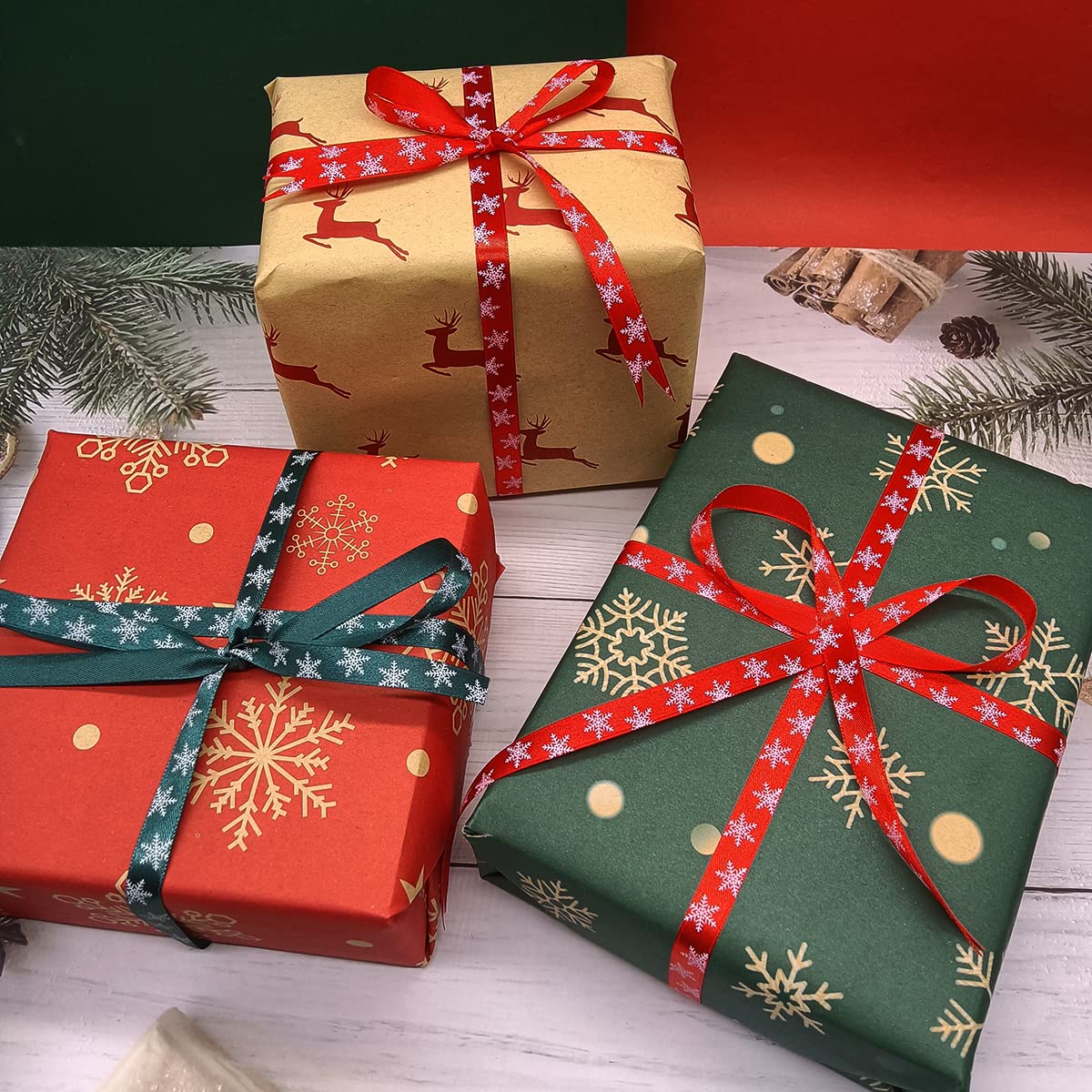 50 Yards Cintas Navideñas,Cinta Regalo Navidad,Cinta Raso Navidad,Cintas Lazos Navideñas para Regalos Decorativos,Flores o Artesanías