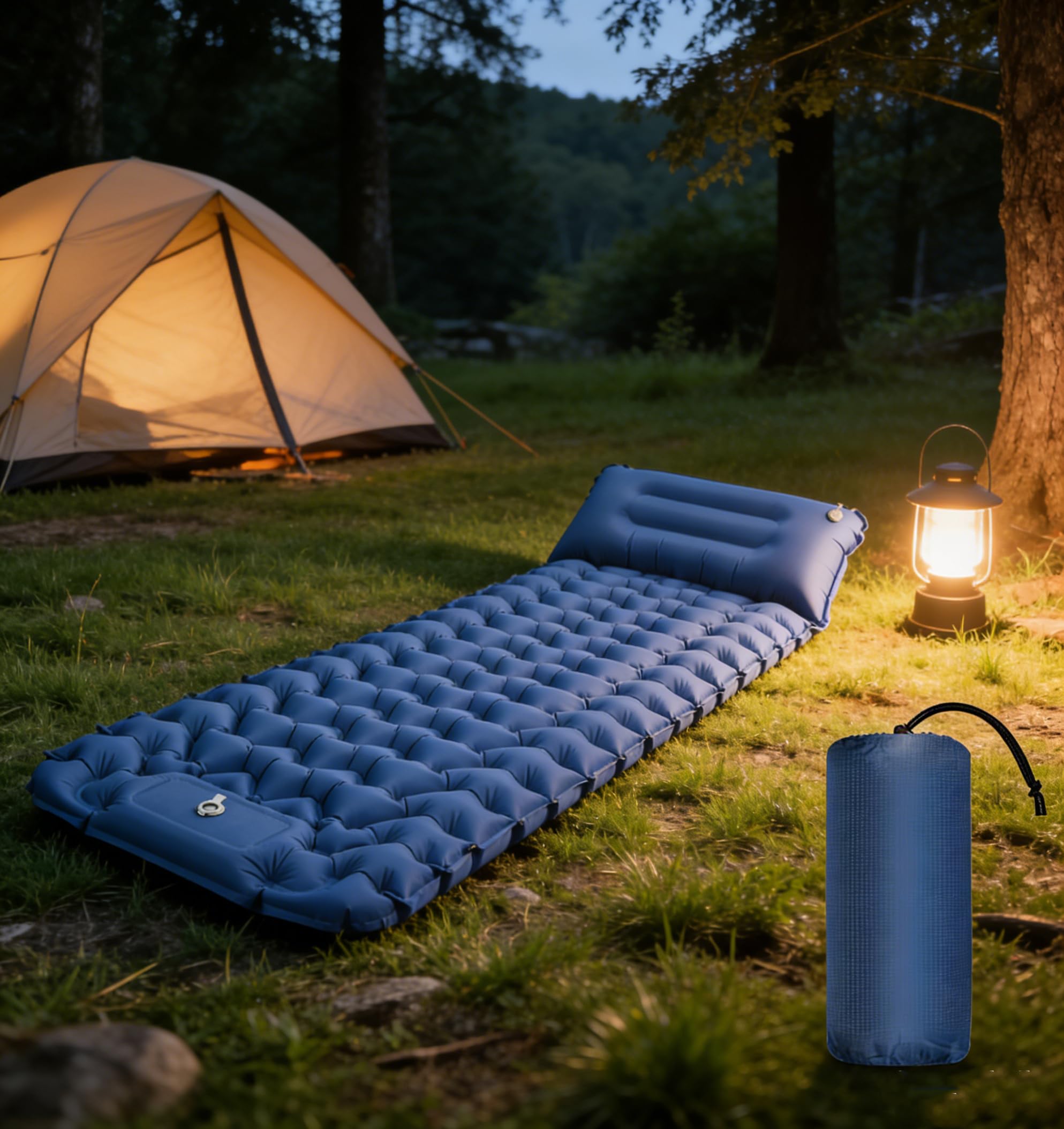 Isomatte Camping Schlafmatte, Aufblasbare Isomatte Ultraleicht, Sleeping Isomatte mit Kissen & Fußpumpe, Kompakte Leichte Schlafmatte für Rucksackreisen, Wandern, Reisen, Zelt (Blue)