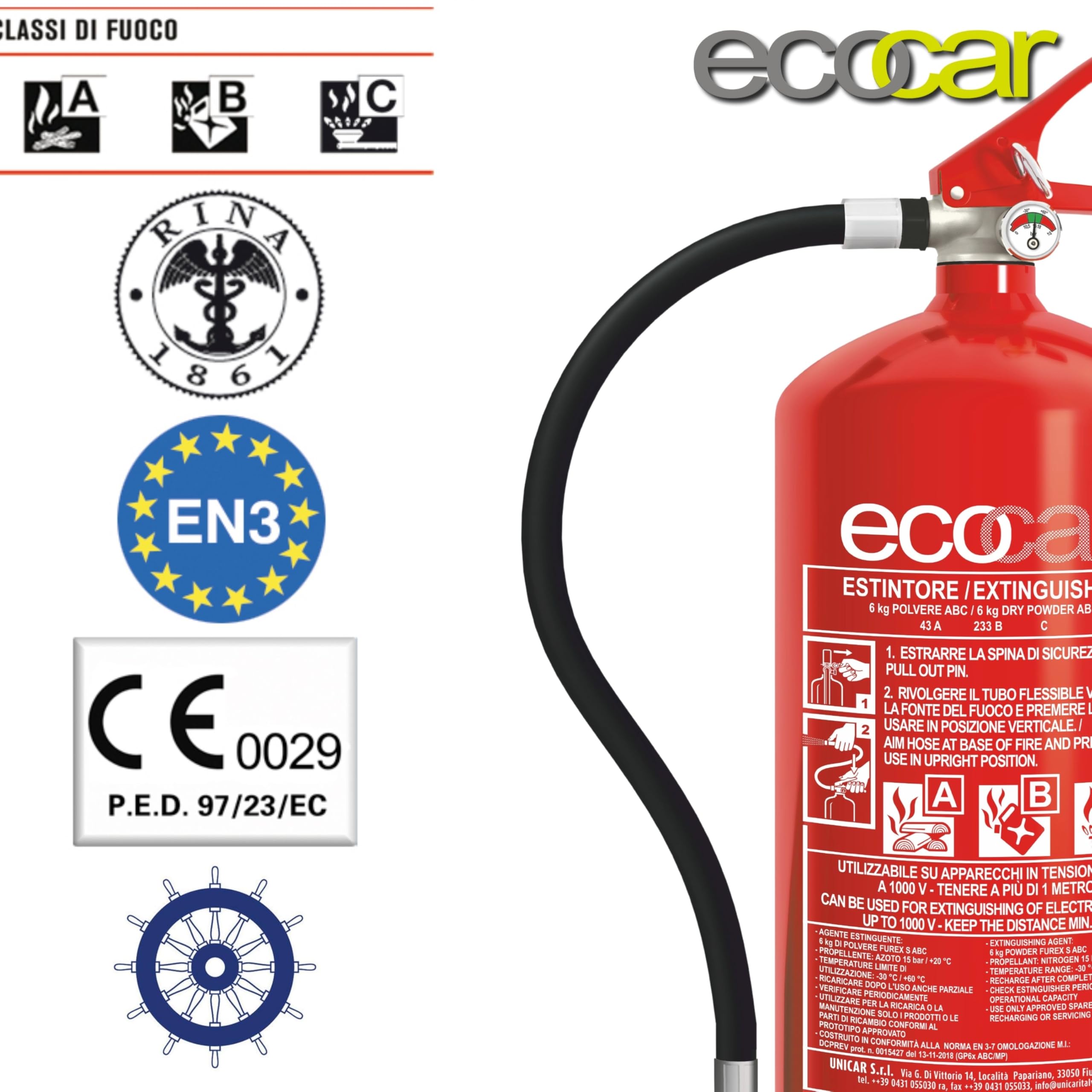 ecocar - Estintore 2kg in Polvere Omologato EN3 per Auto, Casa, B&B, Camper e Ufficio - con Manometro e Supporto Incluso