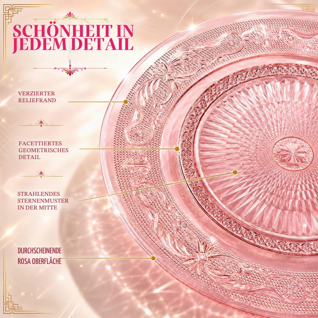 Art Deco Vintage Kristall rosa Teller | Set mit 6 Stück | Einzigartige 26,7 cm Speiseteller – Abendessen, Ladegerät, Dessert-Servierer, Vorspeisenteller, Snack, Obst, Handwäsche, Einweihungsgeschenk