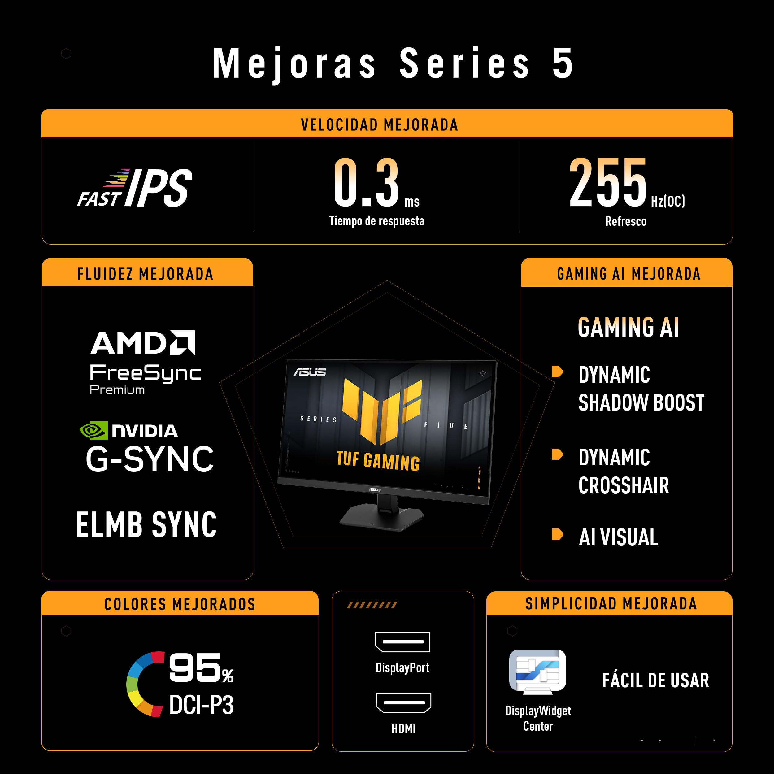 ASUS TUF Gaming VG27AQME5F - Monitor de 27", Panel Fast IPS QHD, 255 Hz (OC), 0,3 ms, G-Sync, AMD FreeSync Premium, ELMB Sync, 95% DCI-P3, DisplayWidget Center, Gaming AI