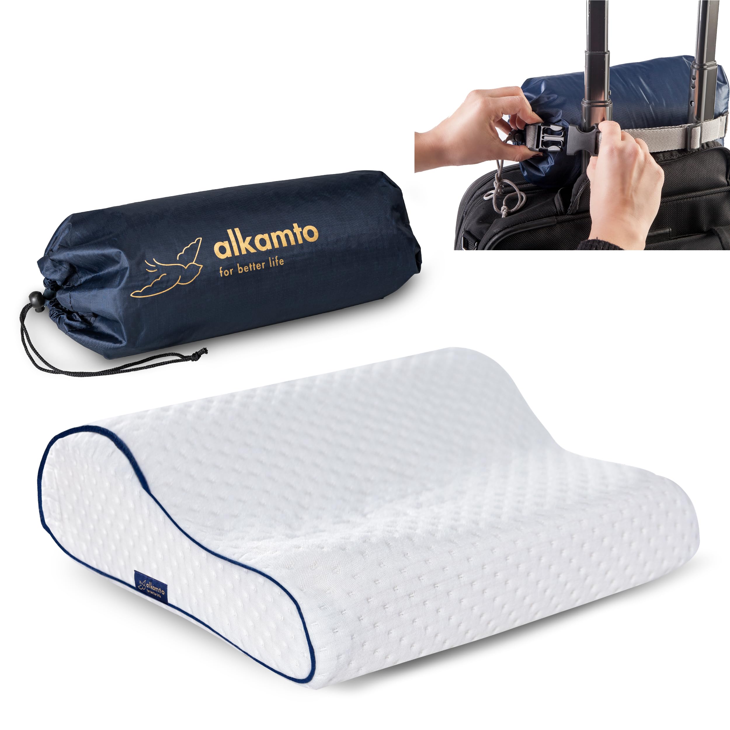 alkamto Travel Pillow - Ergonomic Neck Support Camping Memory Foam Pillow with Temperature-Regulating Pillowcase - Included Waterproof Travel Carry Bag (White Contour)