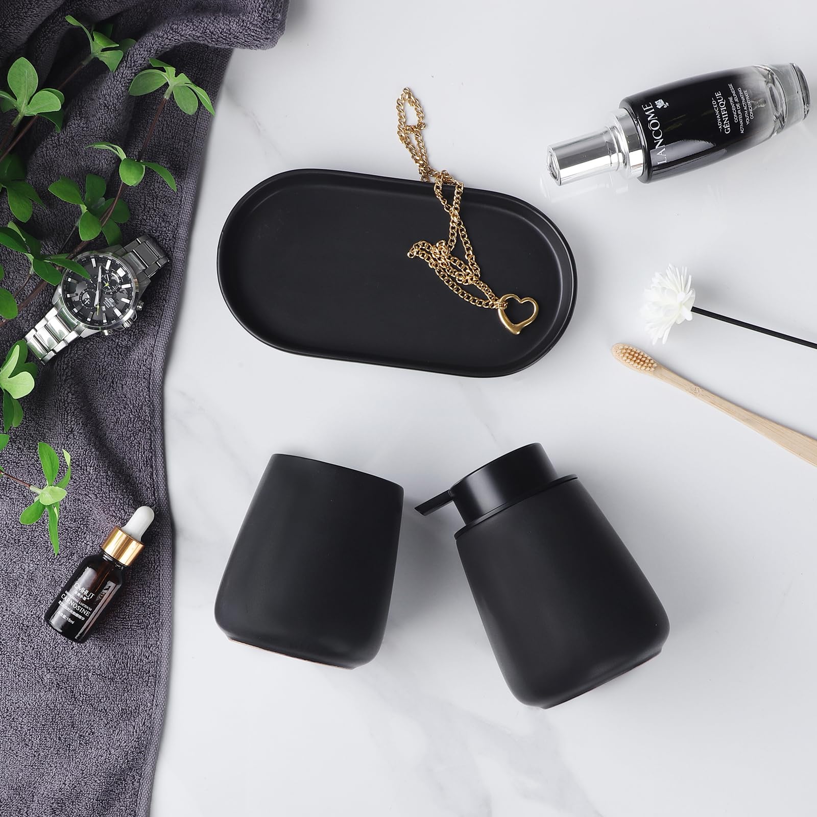 Juego de accesorios de baño negro mate, juego de 3 piezas de dispensador de jabón de cerámica, juego de accesorios para encimera de tocador, incluye dispensador de jabón de manos de loción 5