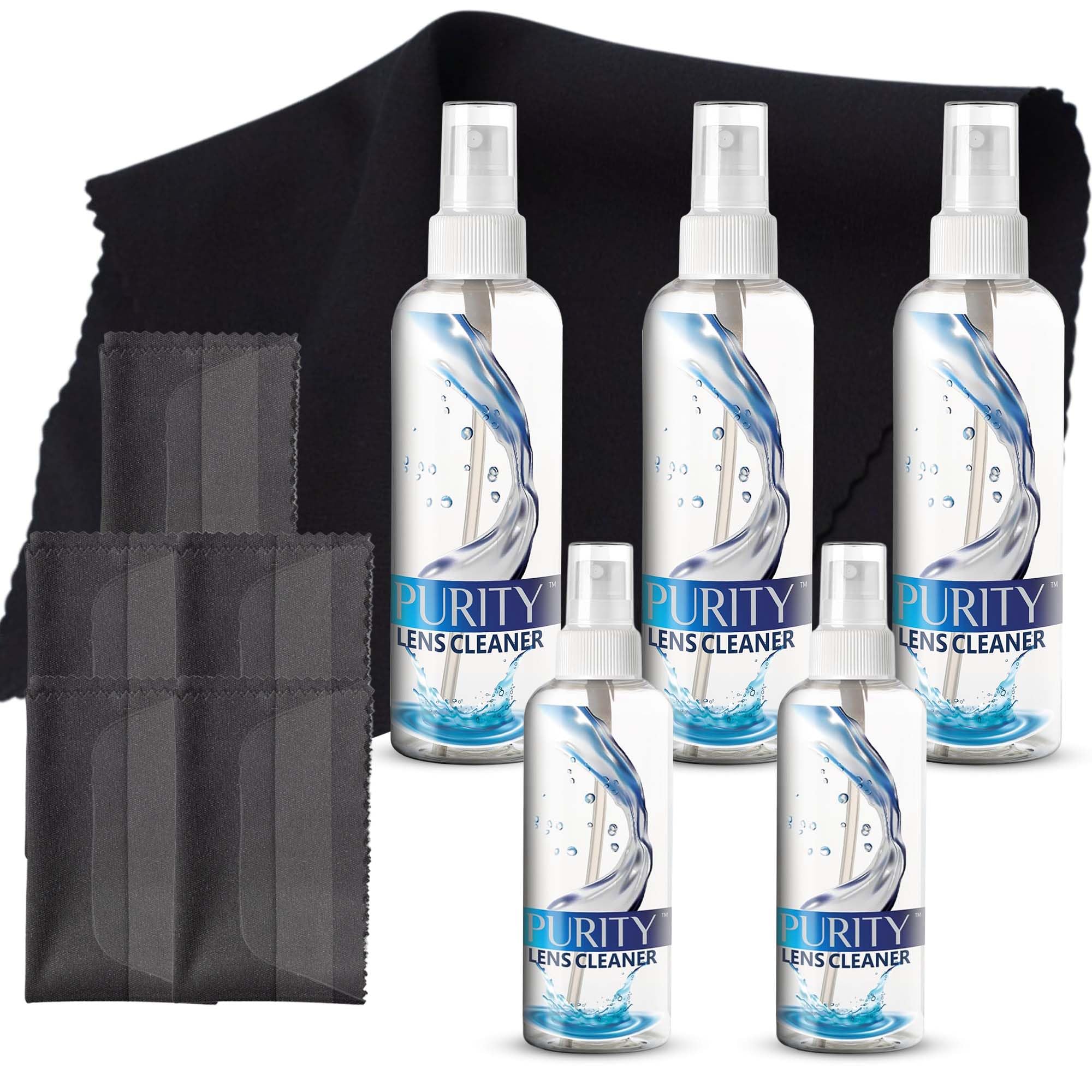Purity Eyeglass Cleaner Mega Pack - Multi-Size Lens Cleaner Kit - 2x2oz, 3x8oz Bottles + 5 Black Premium Microfiber Cloths - Safe for All Lenses, Eyeglasses, and Screens - Streak-Free Formula