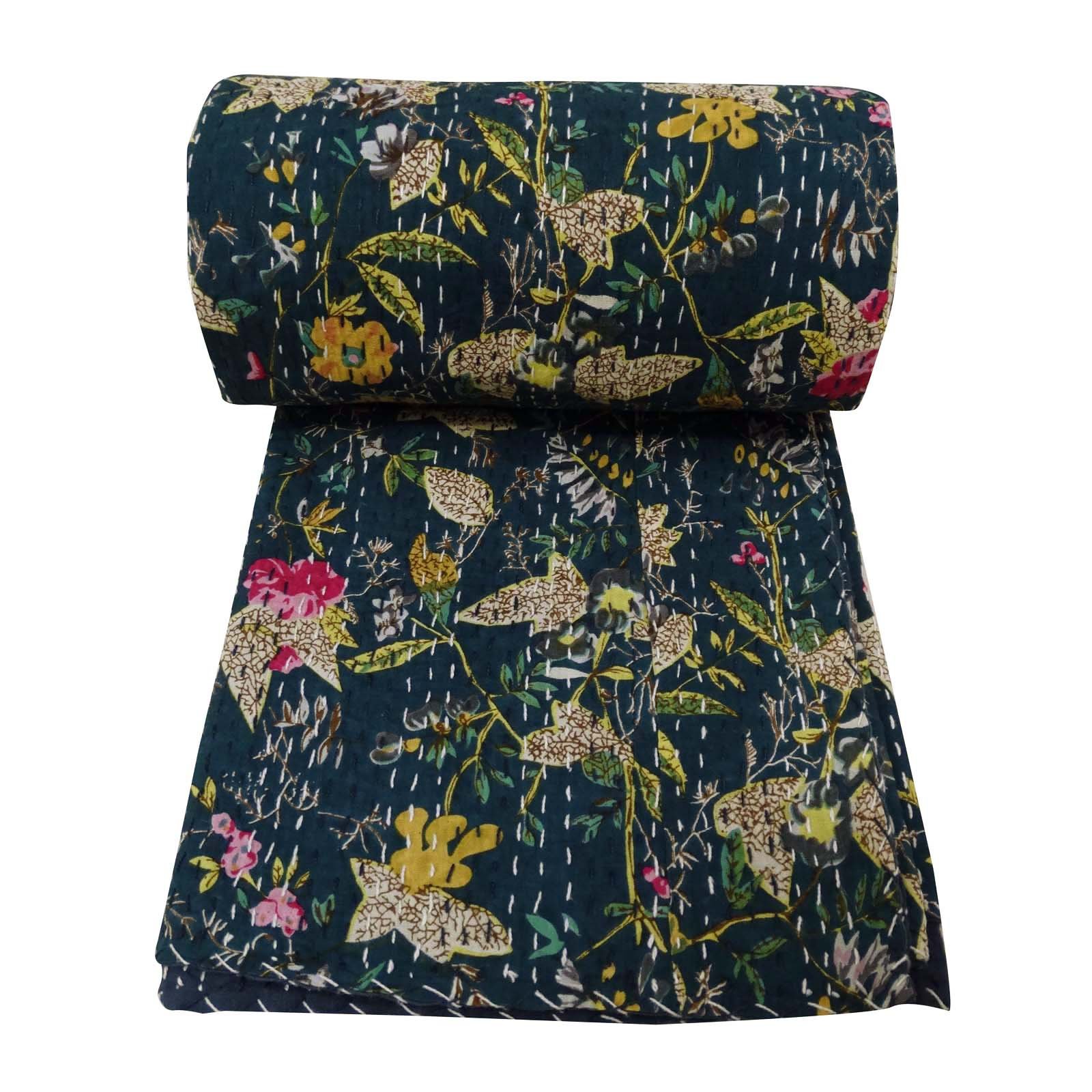 Sophia-Art Floral Print Decorative Blue Cotton Reversible Bedspread Quilt Reversible Gudri Queen Size Throw Bedspread